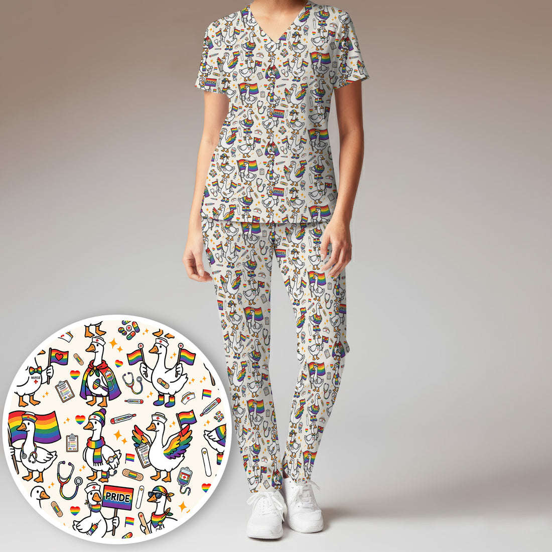 LGBT Pride Nurse Duck Pattern Scrub Set, Breathable Med Uniform