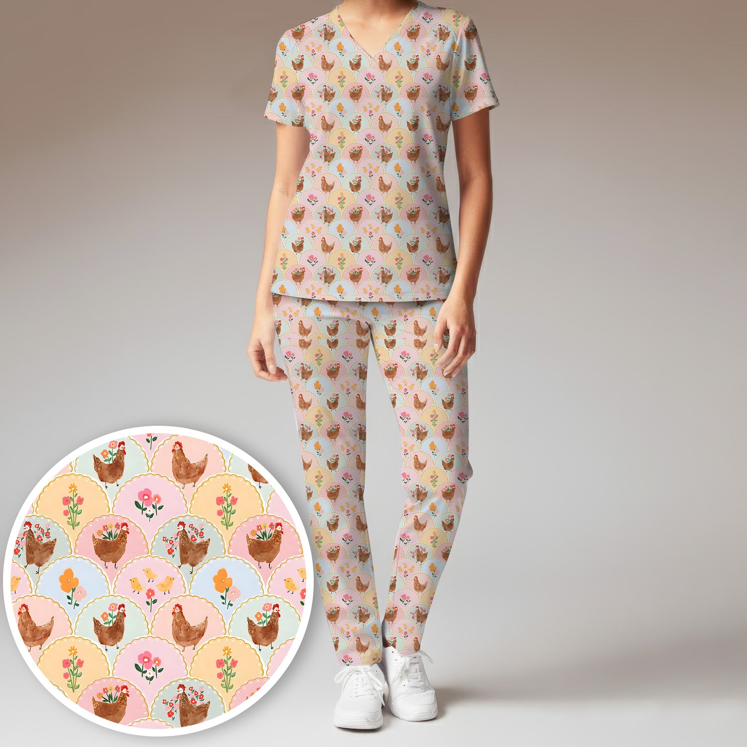 Pastel Chicken With Floral Scrub Set, Cute Chicken Nursing Uniform For Women
