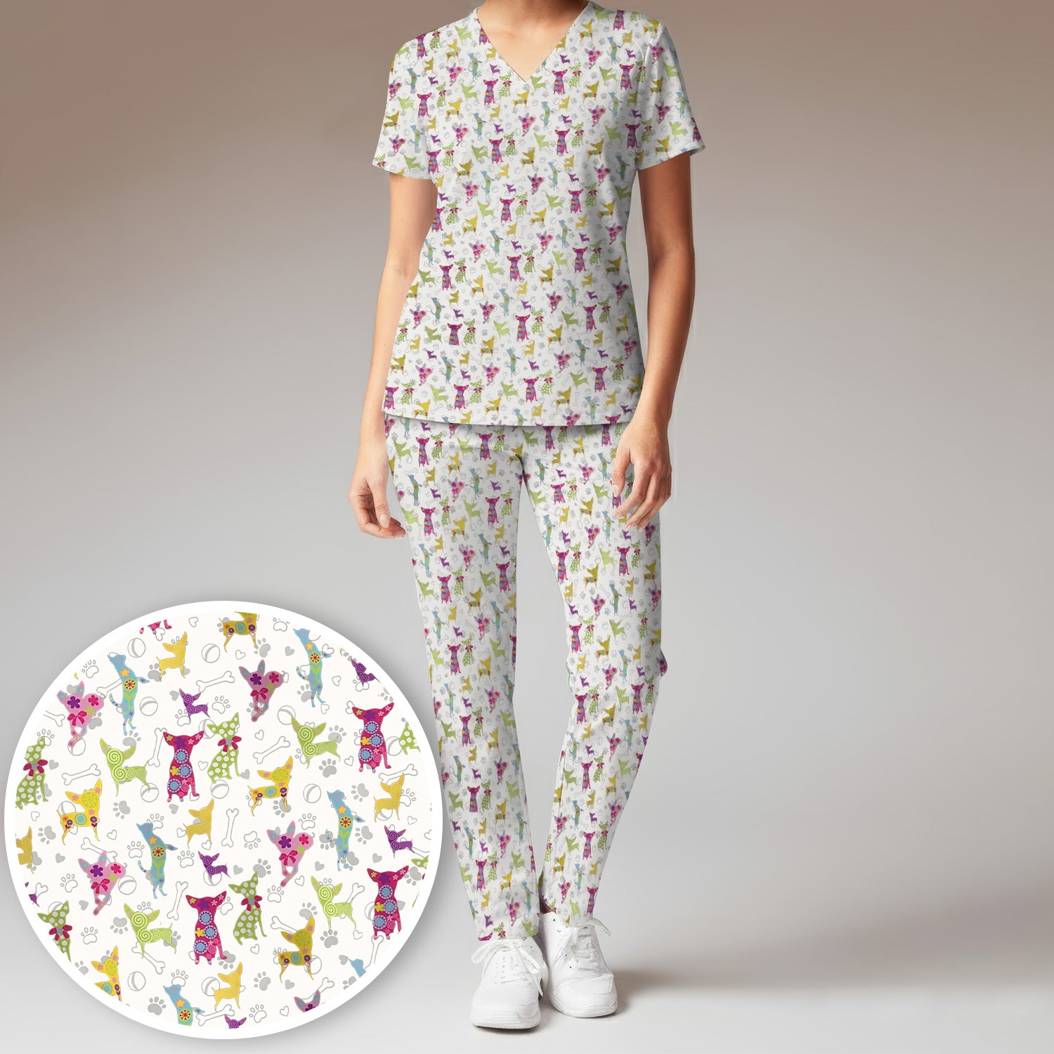 Colorful Playful Dog Print Nurse Scrub Set, Scrub Pants and V Neck Top