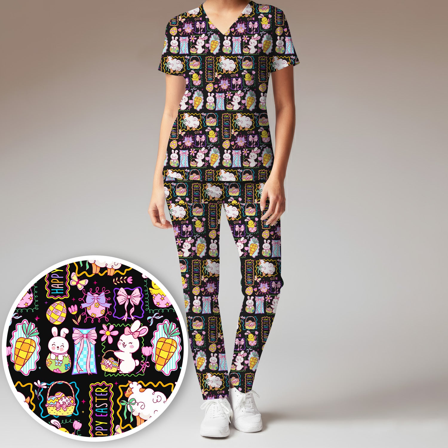 Cute Easter Bunny Egg and Bow Print Scrub Set, Scrub Pants and V Neck Top