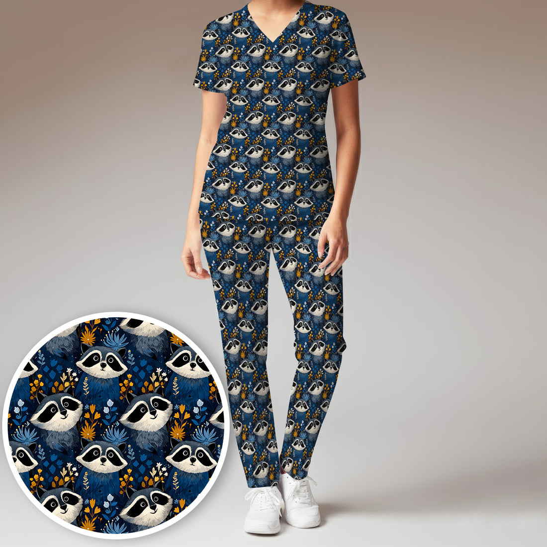 Raccoon With Blue Floral Forest Pattern Scrub Set, Scrub Pants and V Neck Top