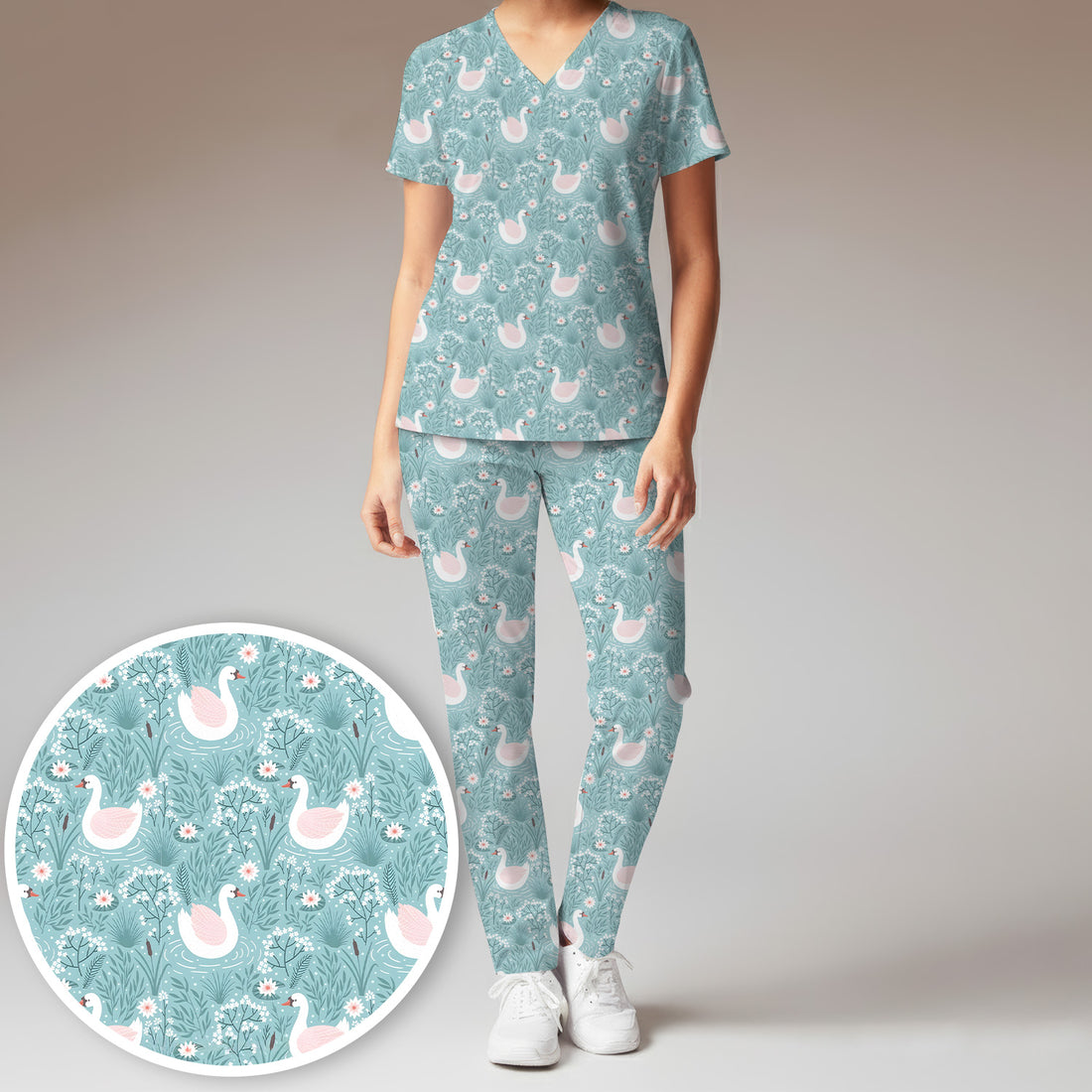 Sweet Swan Waterlily Garden Pattern Scrub Set, Scrub Pants and V Neck Top