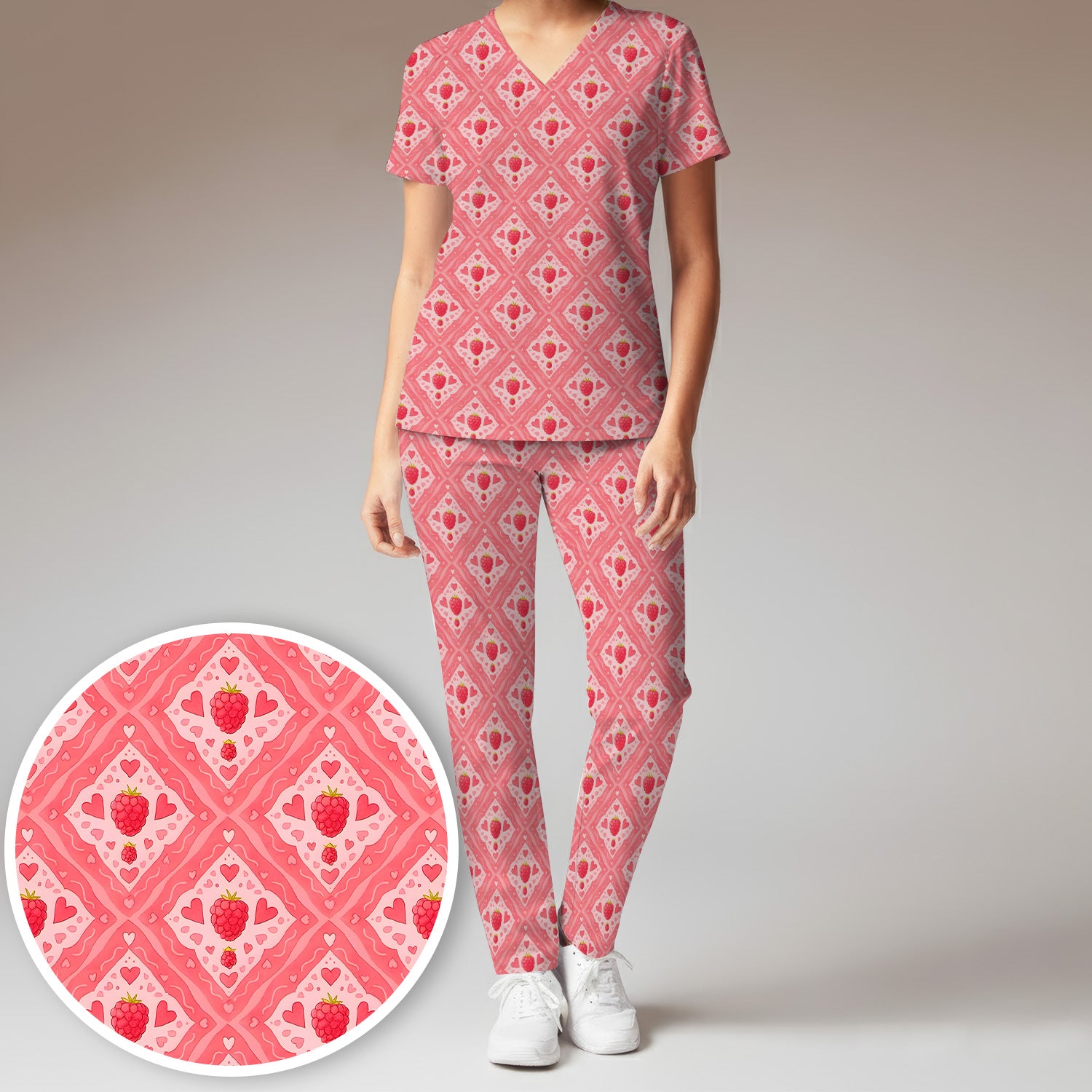 Sweet Red Cherry Gingham Pattern Scrub Set, Scrub Pants and V Neck Top