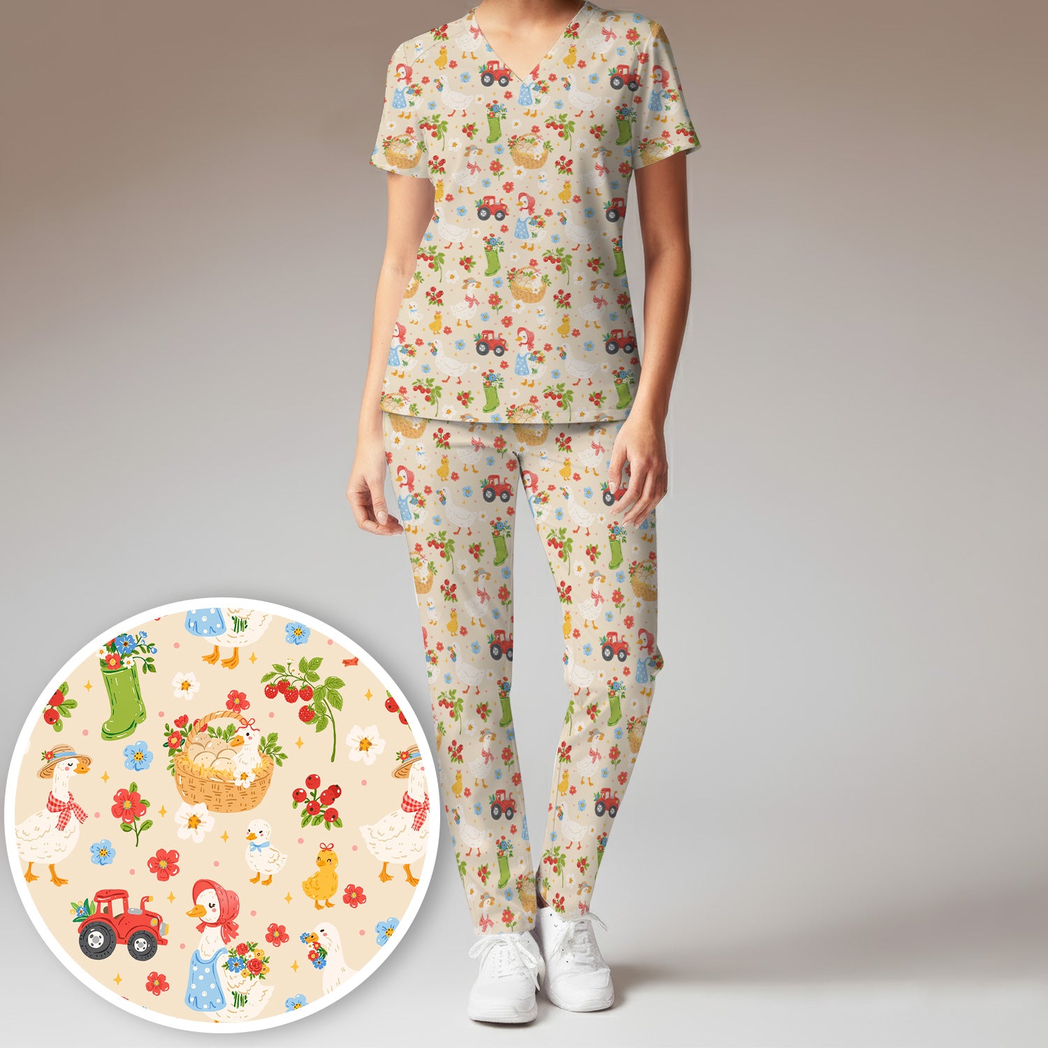 Farm Duck Chicken Tractor Flower Basket Scrub Top, Breathable Fabrics Nursing Uniform