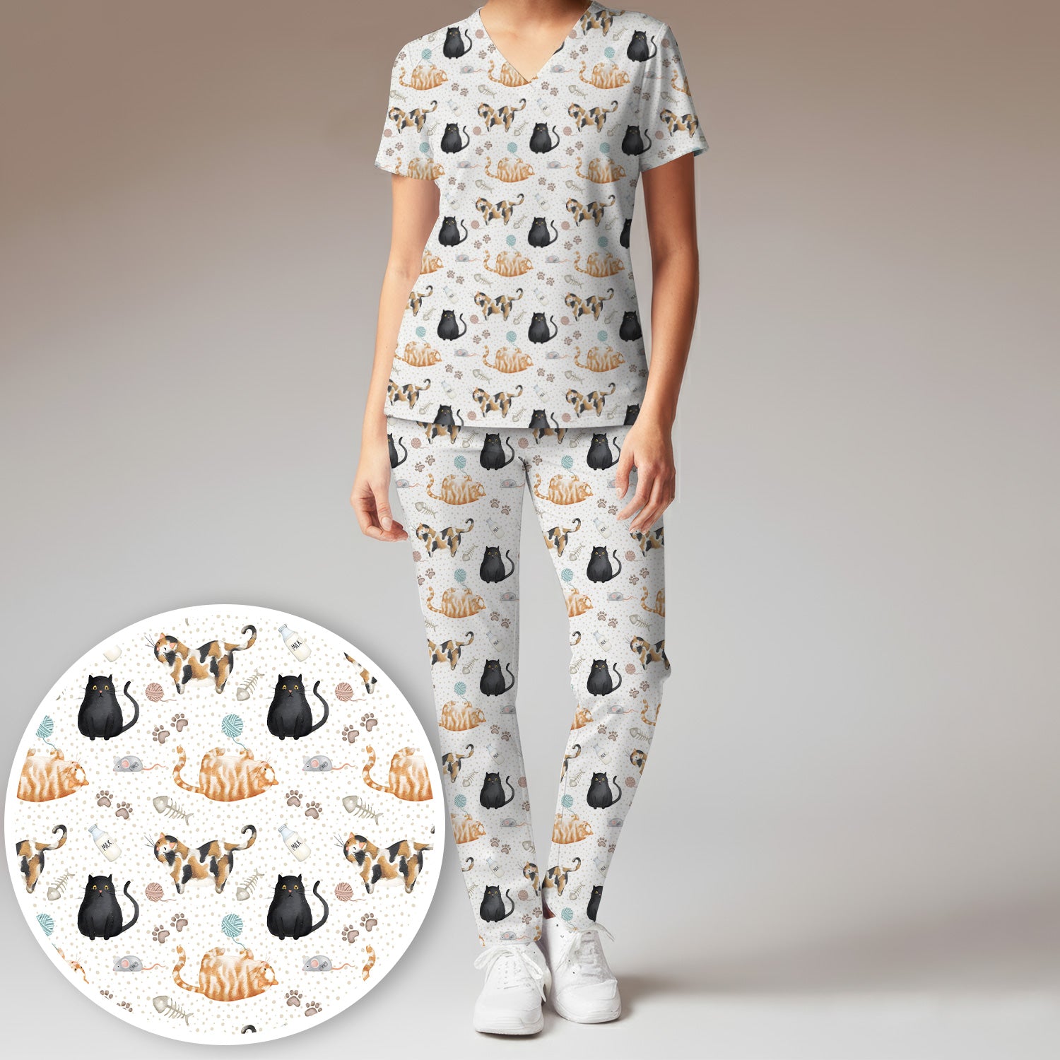 Cute Cat Yarn Paw Pattern Scrub Set, Scrub Pants and V Neck Top