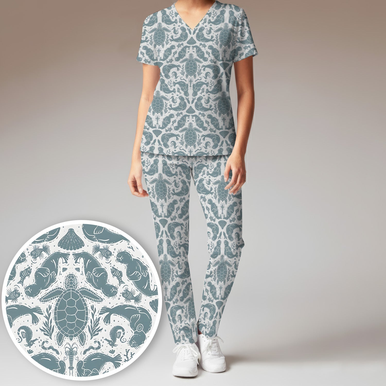 Ocean Sea Marine Life Pattern Scrub Set, Scrub Pants and V Neck Top