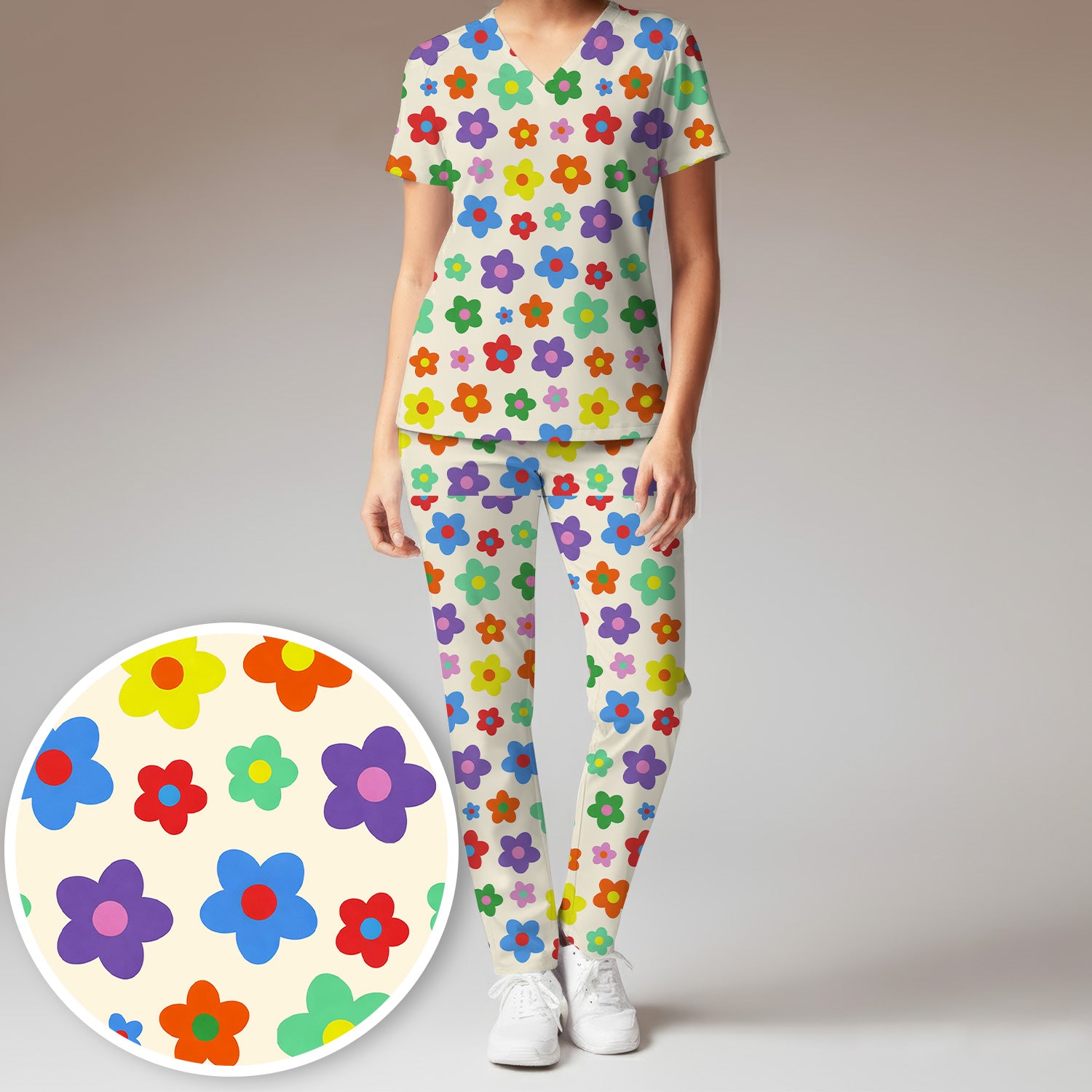 Colorful Retro Flower Pattern Print Scrub Set, Scrub Pants and V Neck Top