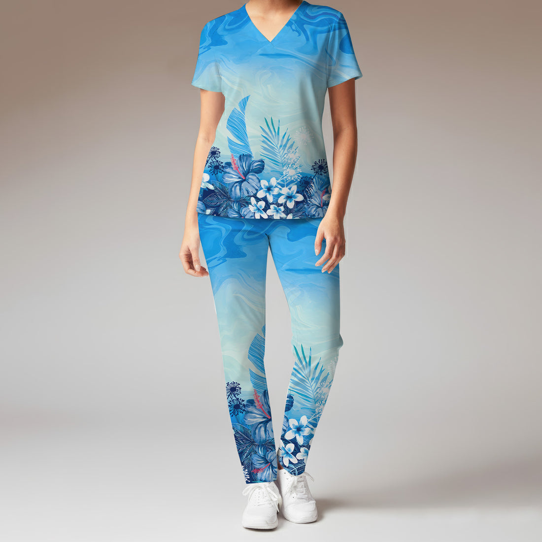 Elegant Blue Tropical Floral Pattern Scrub Set, Scrub Pants and V Neck Top
