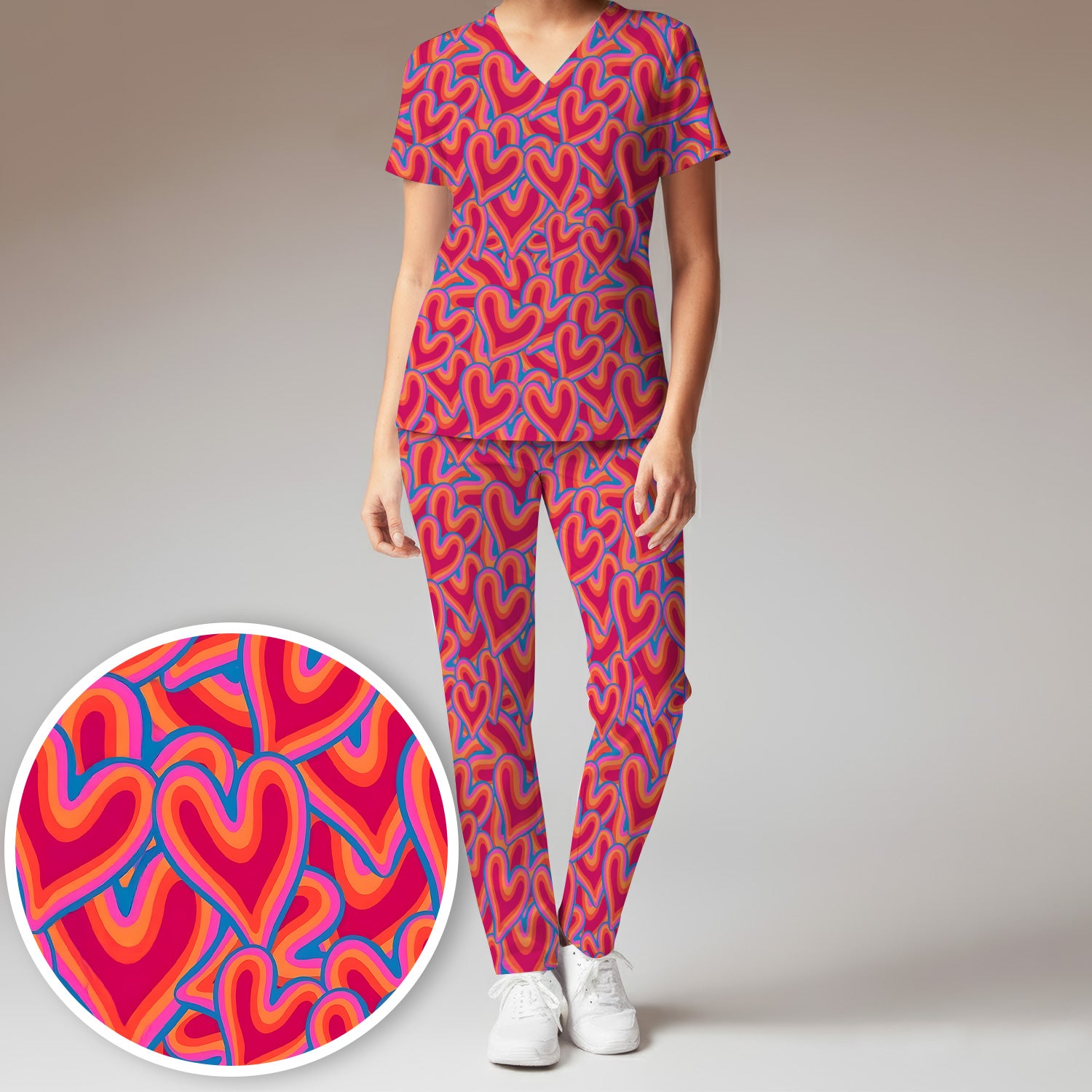Cute Valentine Nurse Heart Pattern Scrub Set, Scrub Pants and V Neck Top