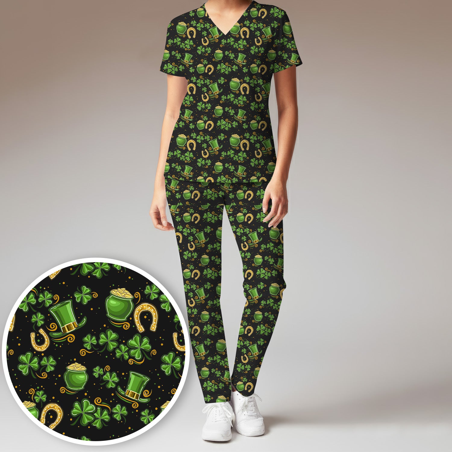 St. Patrick Shamrock Print Scrub Set, Scrub Pants and V Neck Top