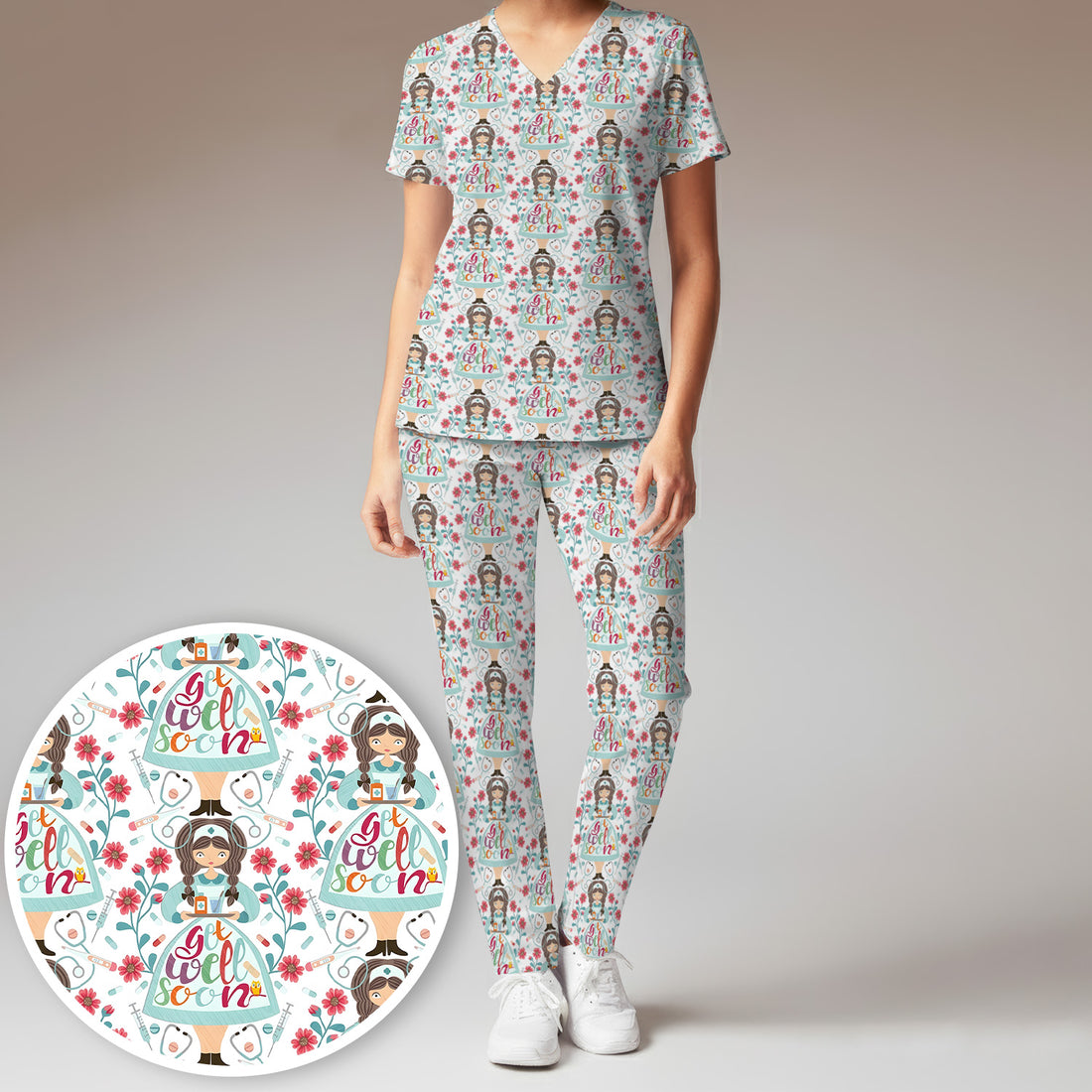 Get Well Soon Girl Floral Caring Pattern Scrub Set, Scrub Pants and V Neck Top