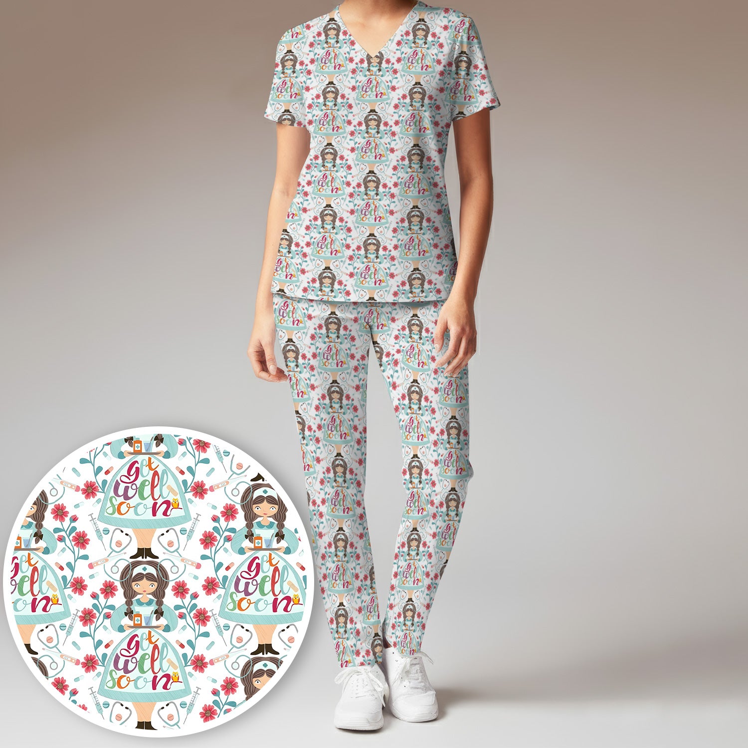 Get Well Soon Girl Floral Caring Pattern Scrub Set, Scrub Pants and V Neck Top
