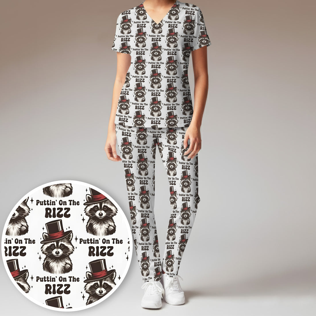 Raccoon Wearing Top Hat Puttin On The Rizz Scrub Set, Scrub Pants and V Neck Top