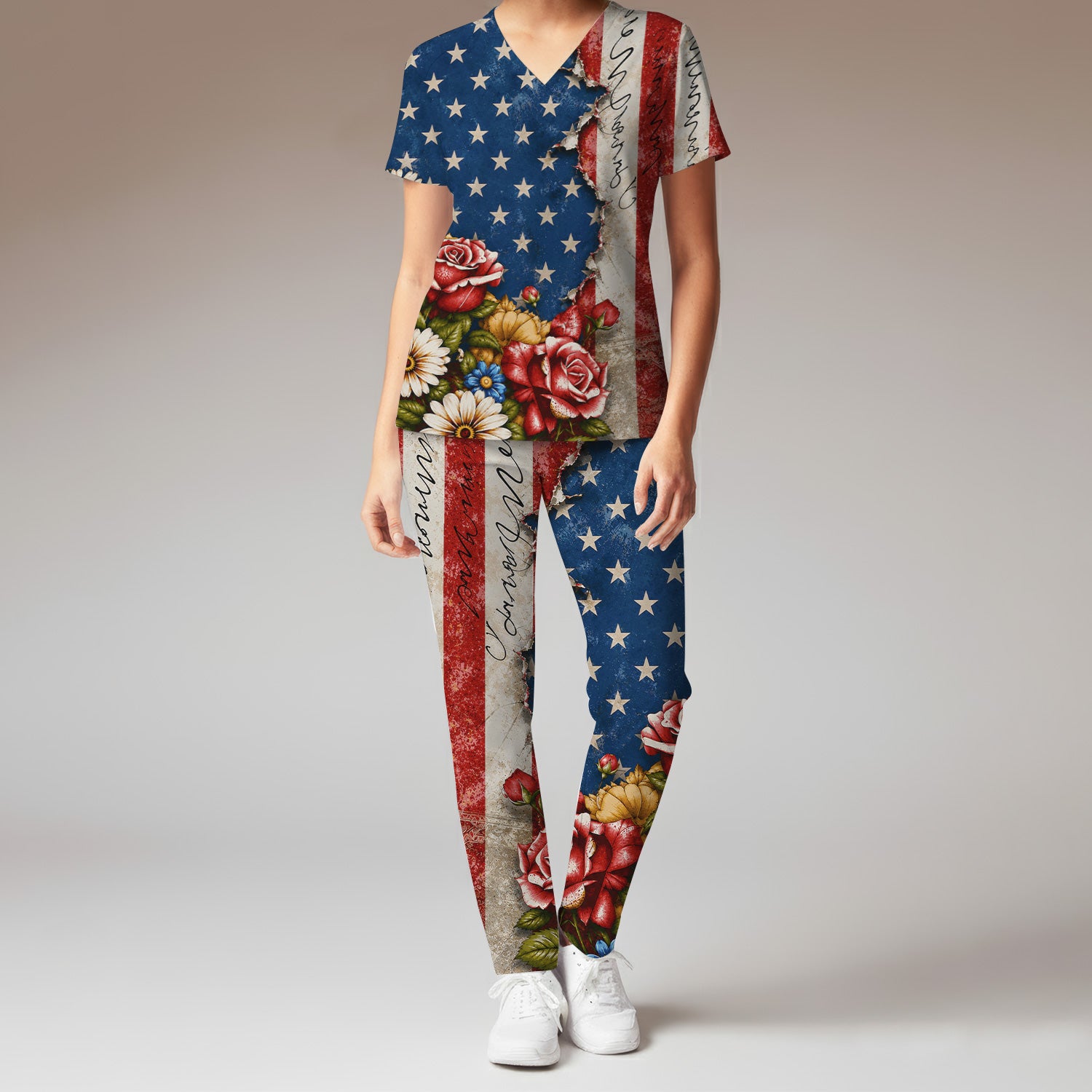 American Flag Vintage Rose Floral Pattern Scrub Set, Scrub Pants and V Neck Top