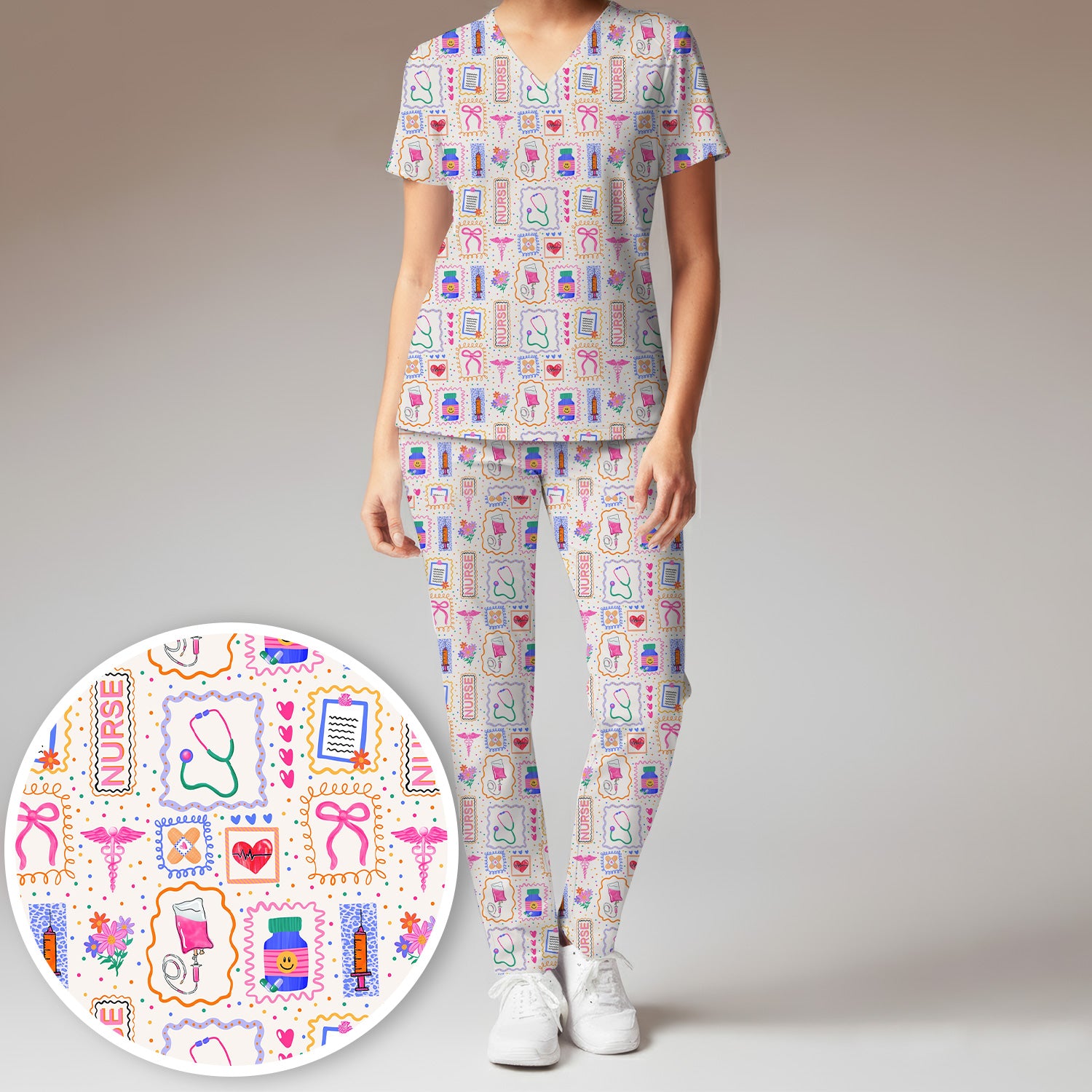Colorful Nurse Medical Icon Pattern Scrub Set, Scrub Pants and V Neck Top