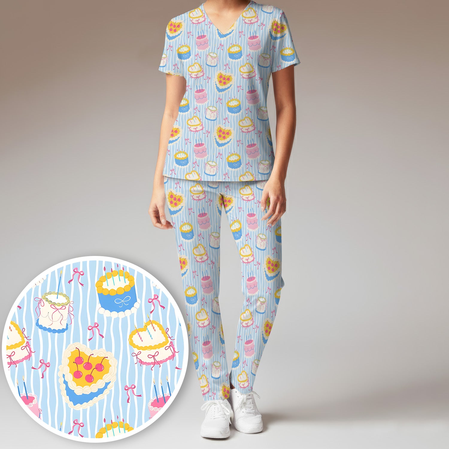 Coquette Cake Bow Stripe Pattern Scrub Set, Scrub Pants and V Neck Top