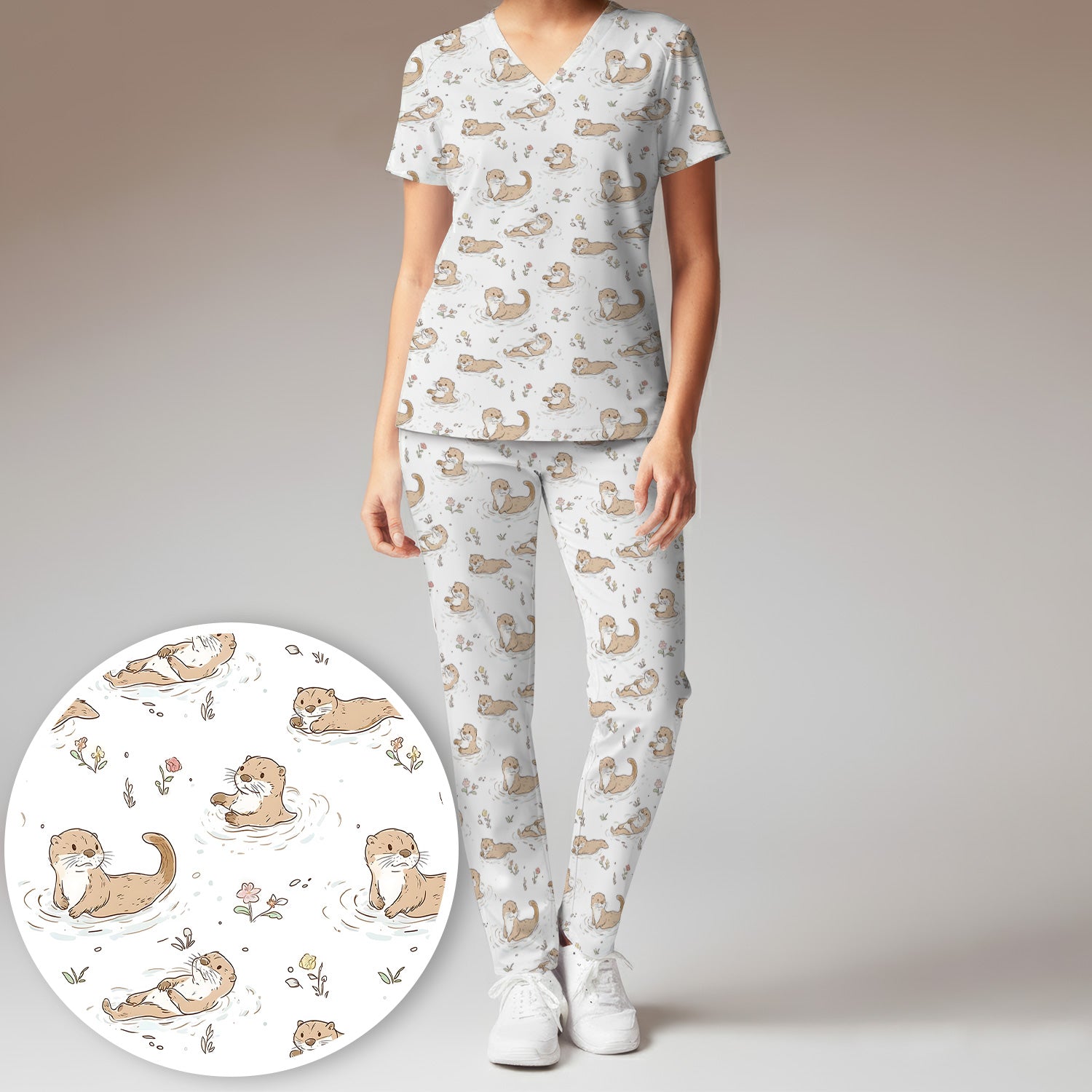 Otter Swimming Floating Water Pattern Scrub Set, Scrub Pants and V Neck Top
