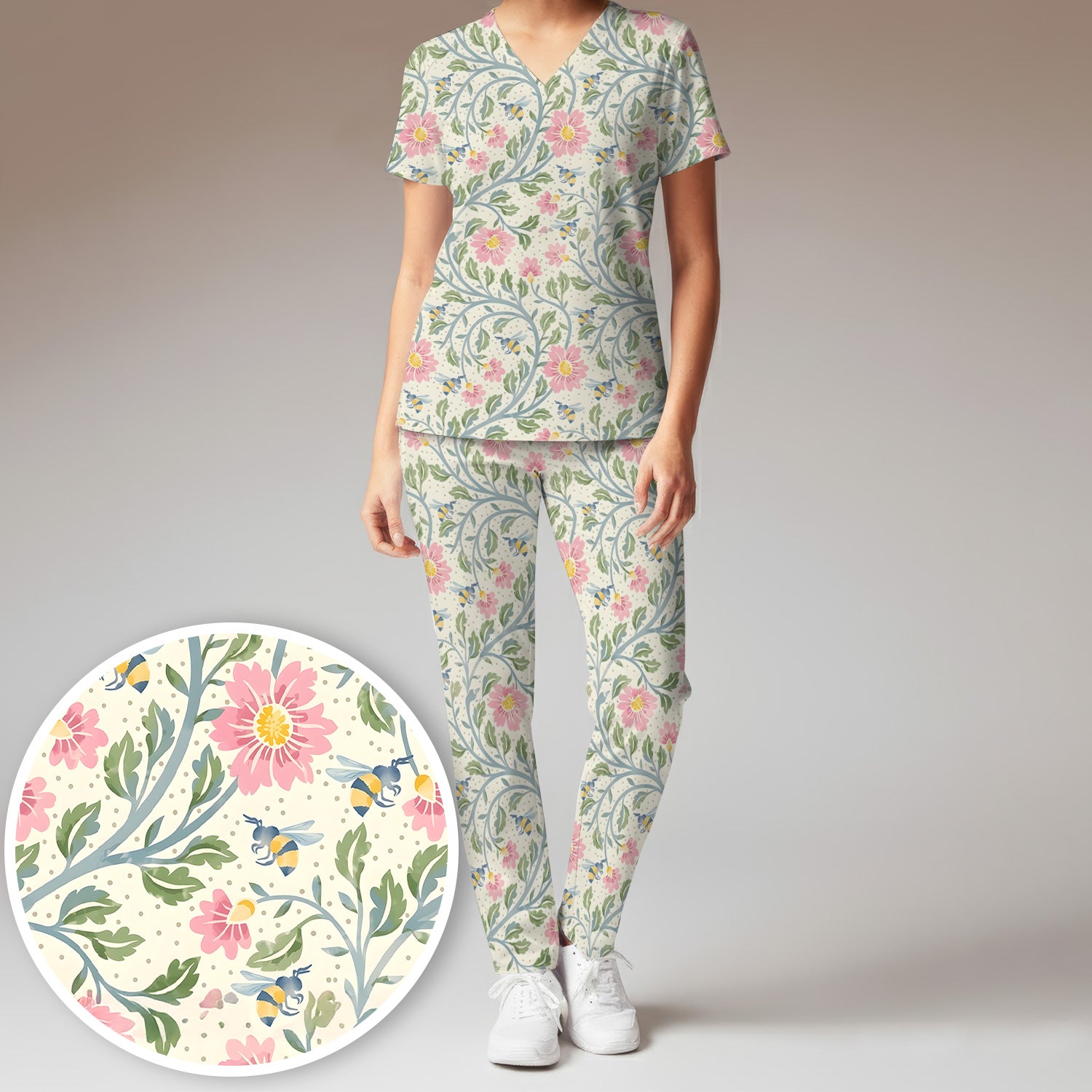 Cute Floral Bee Garden Nurse Pattern Scrub Set, Scrub Pants and V Neck Top