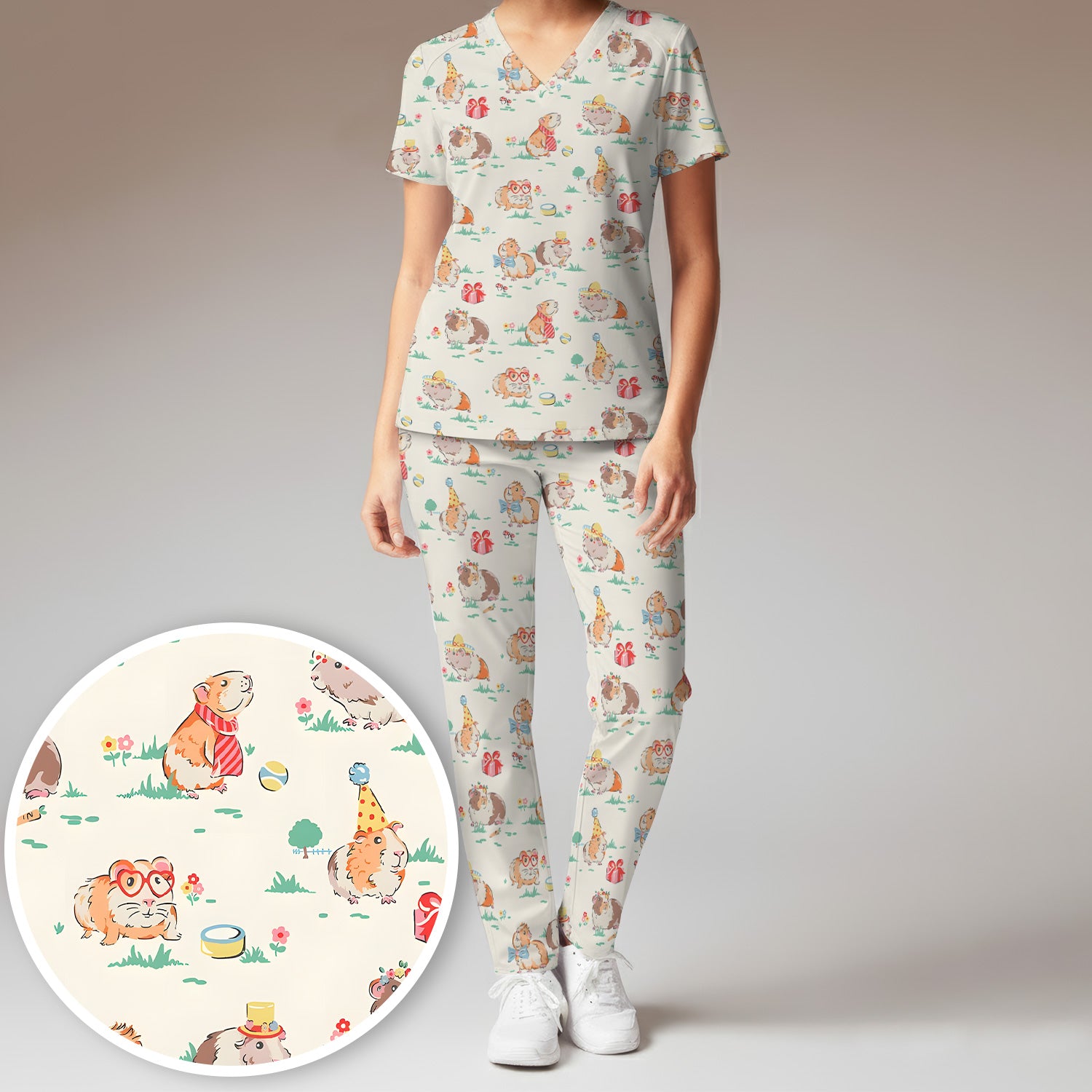 Cute Guinea Pig Party Nurse Pattern Scrub Set, Scrub Pants and V Neck Top