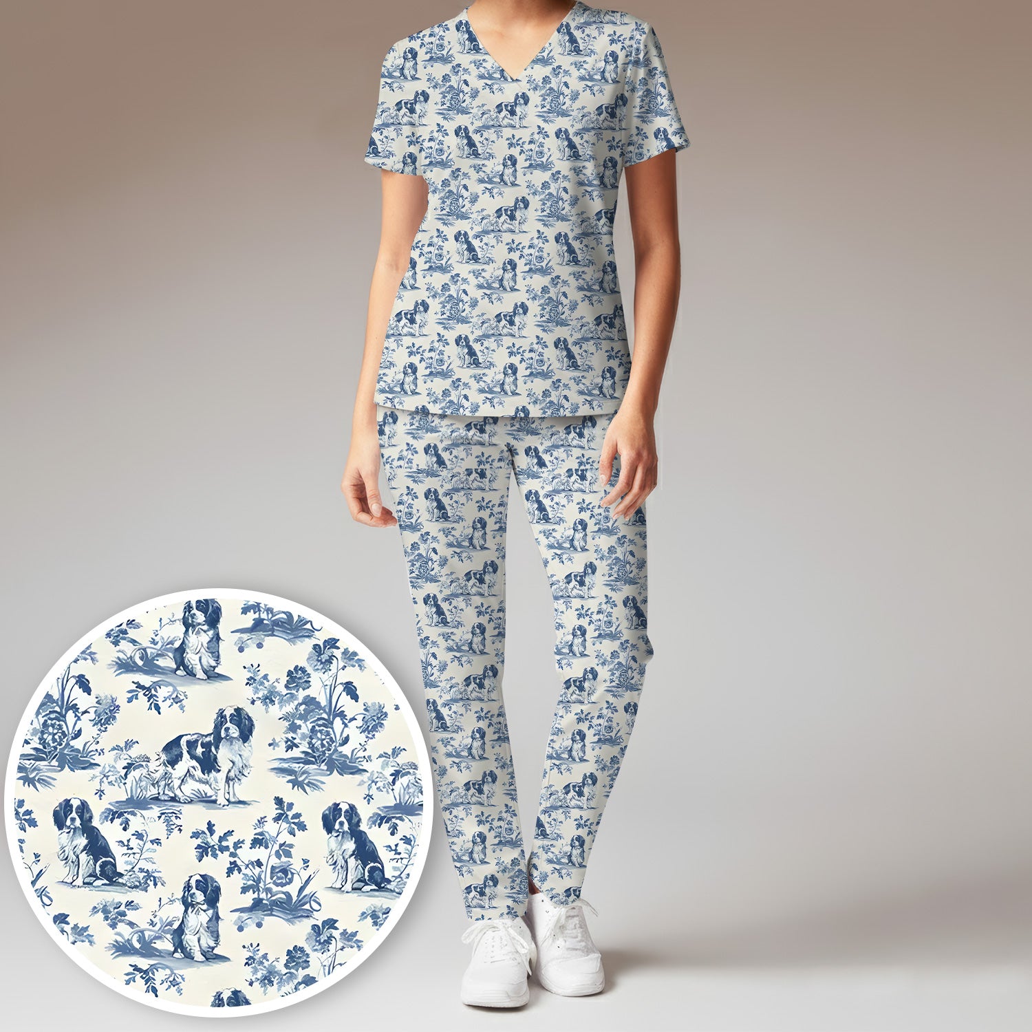 Dog Pattern Toile De Jouy Scrub Set, Vintage Dog Print Nurse Scrub Uniform, Cute Vet Tech Uniform