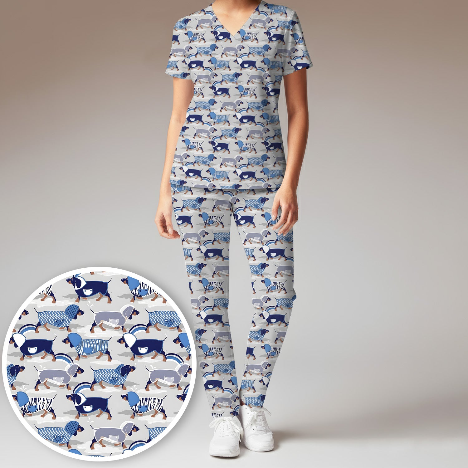 Cute Dachshund Raincoat Parade Pattern Scrub Set, Scrub Pants and V Neck Top