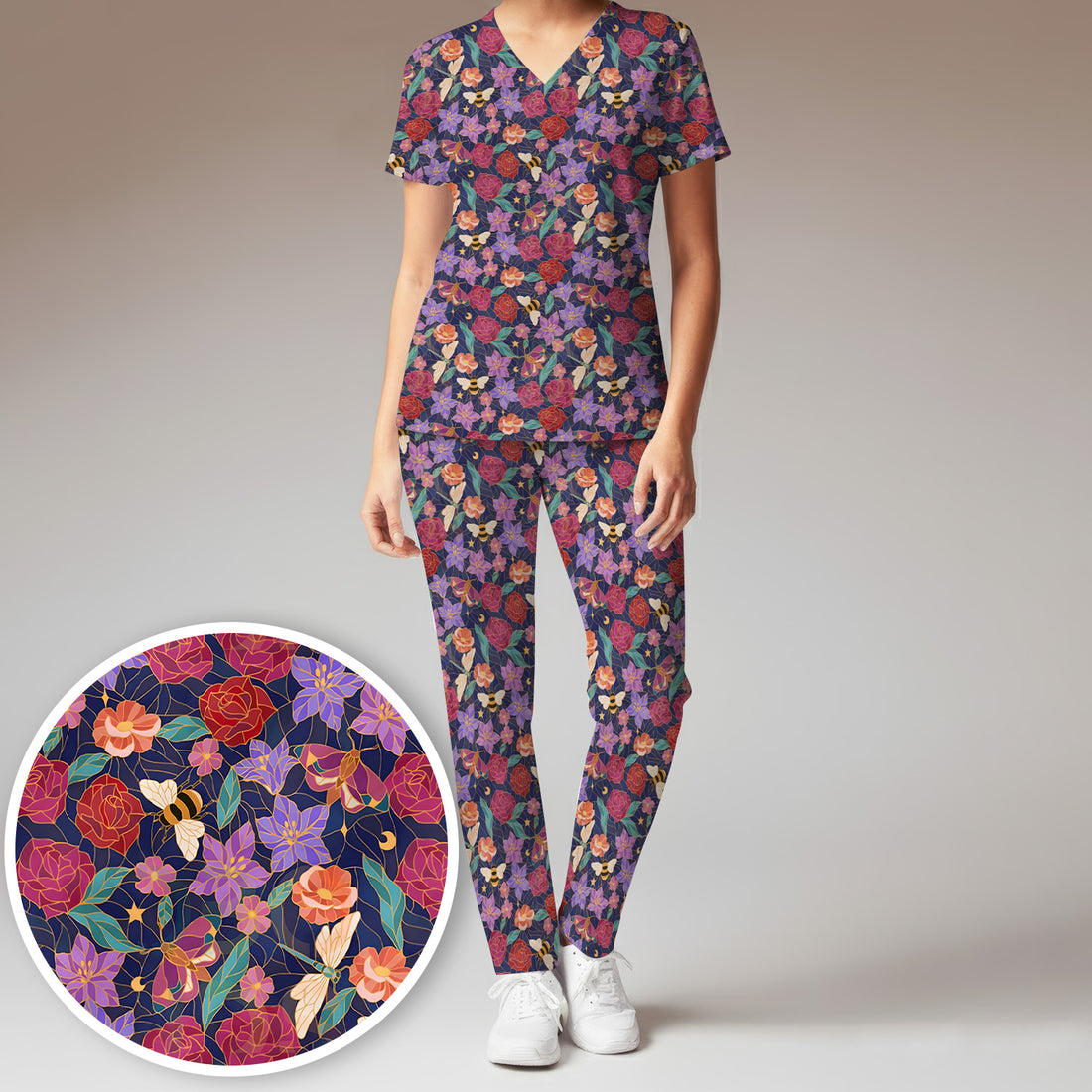 Charming Floral Garden With Bees And Dragonflies Scrub Set, Scrub Pants and V Neck Top