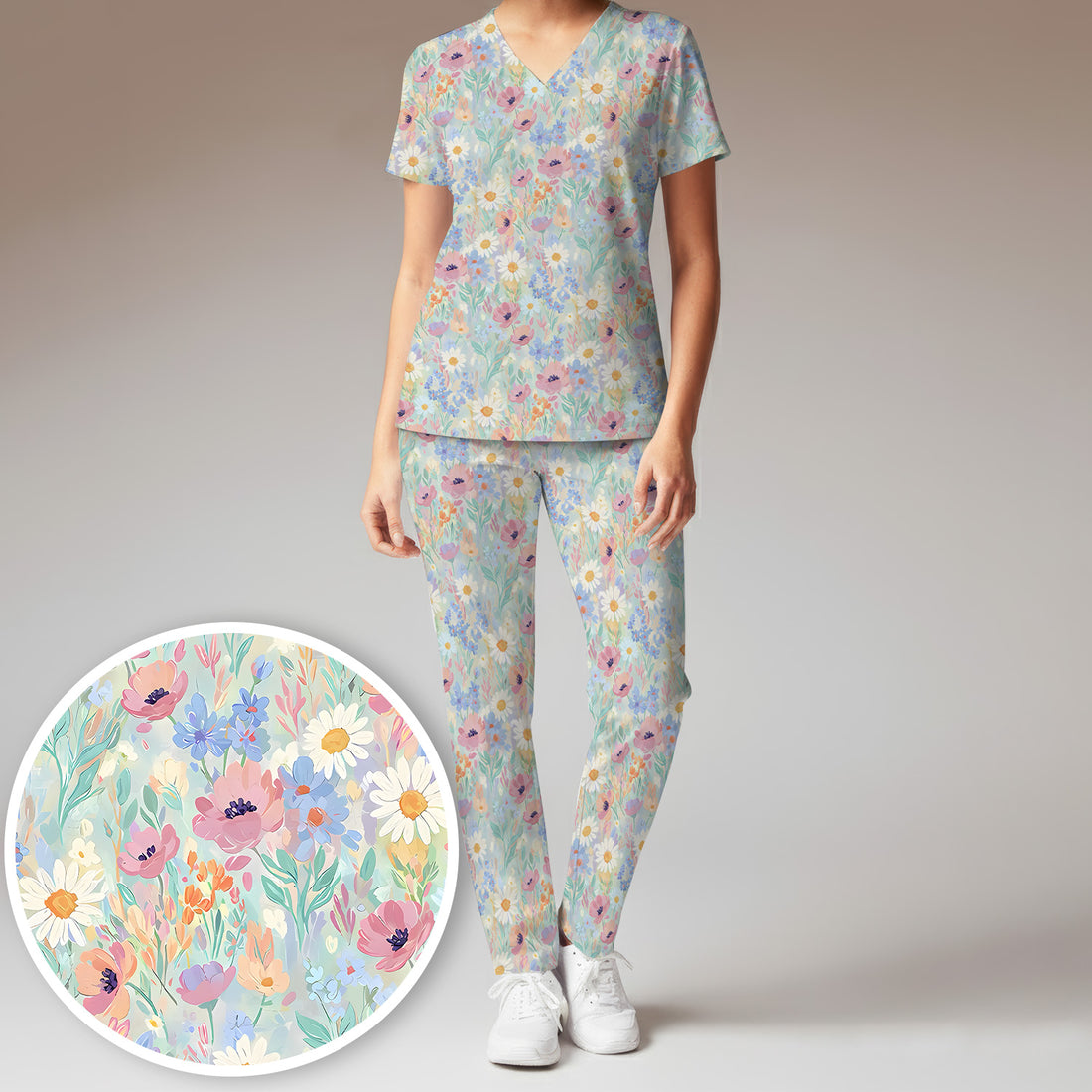 Pastel Wildflower Meadow Floral Pattern Scrub Set, Scrub Pants and V Neck Top