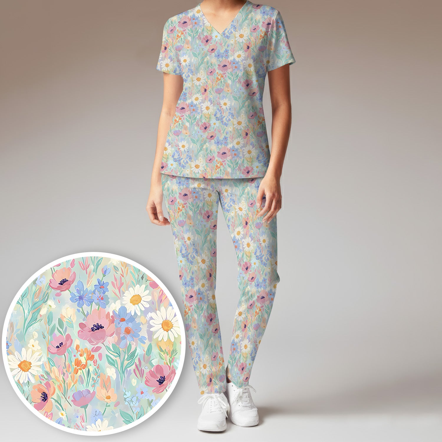 Pastel Wildflower Meadow Floral Pattern Scrub Set, Scrub Pants and V Neck Top