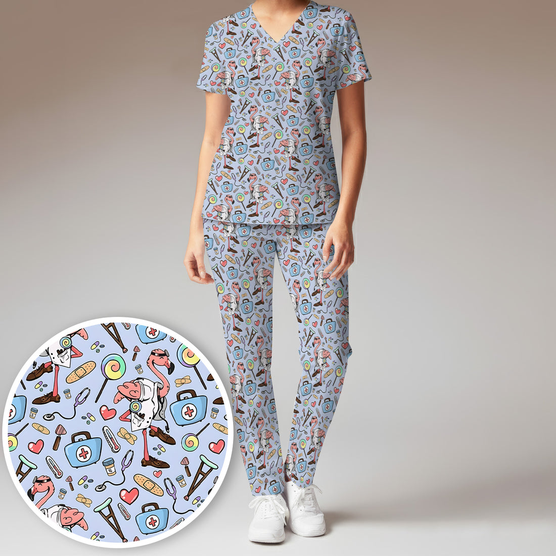 Flamingo Nurse Medical Care Pattern Scrub Set, Scrub Pants and V Neck Top