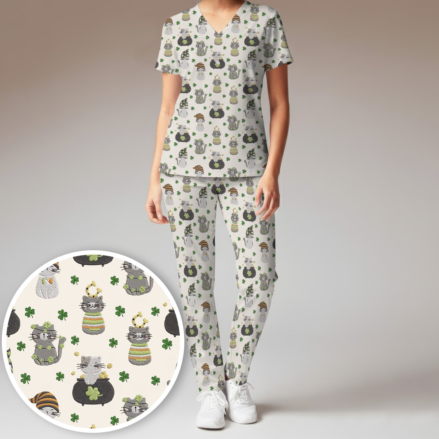 St. Patrick’s Day Scrub Set, Lucky Cat With Shamrock Pattern Shirt, Breathable Fabrics Nursing Uniform