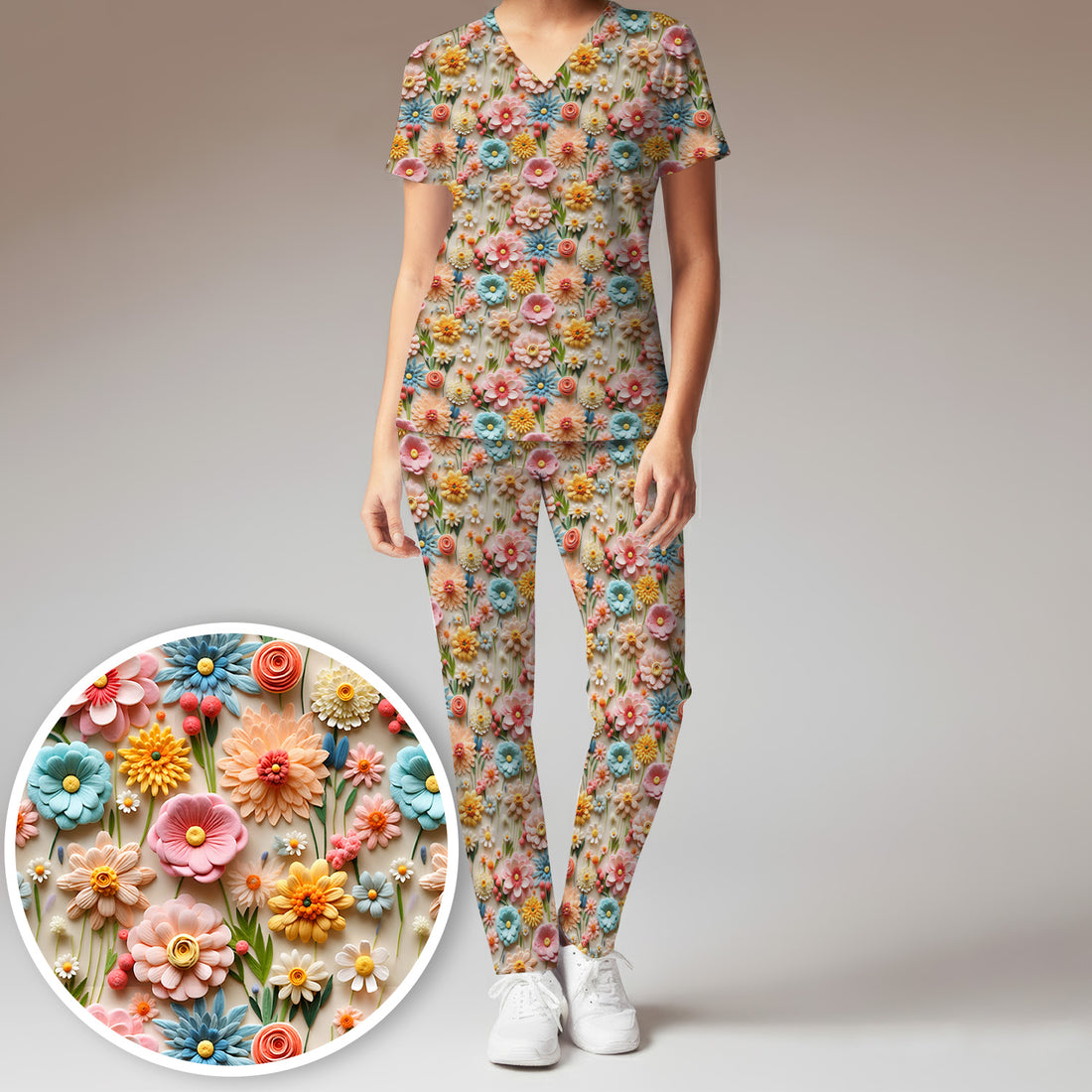 Colorful Blooming Wildflower Pattern Scrub Set, Scrub Pants and V Neck Top