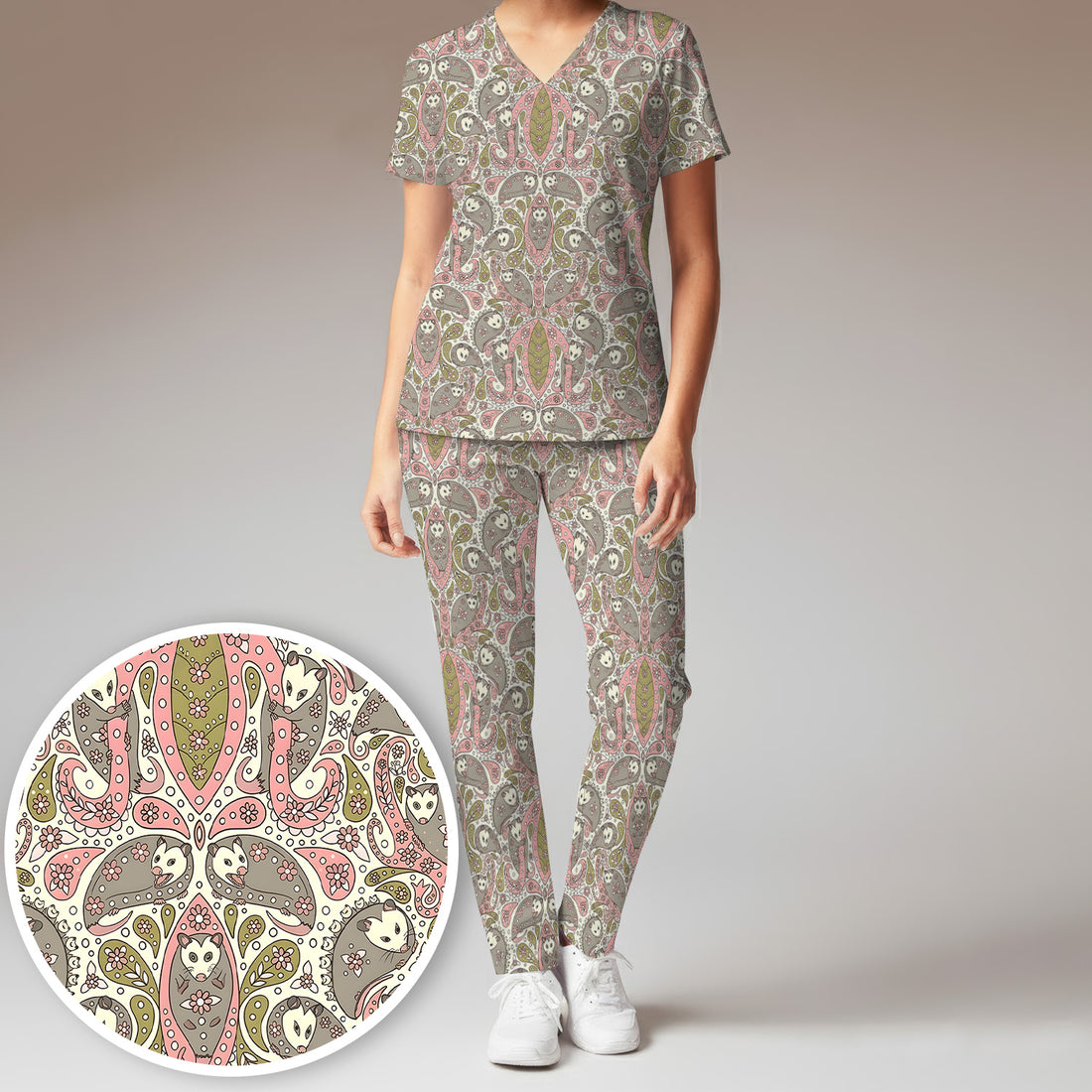 Opossum Paisley Pattern Scrub Set, Scrub Pants and V Neck Top