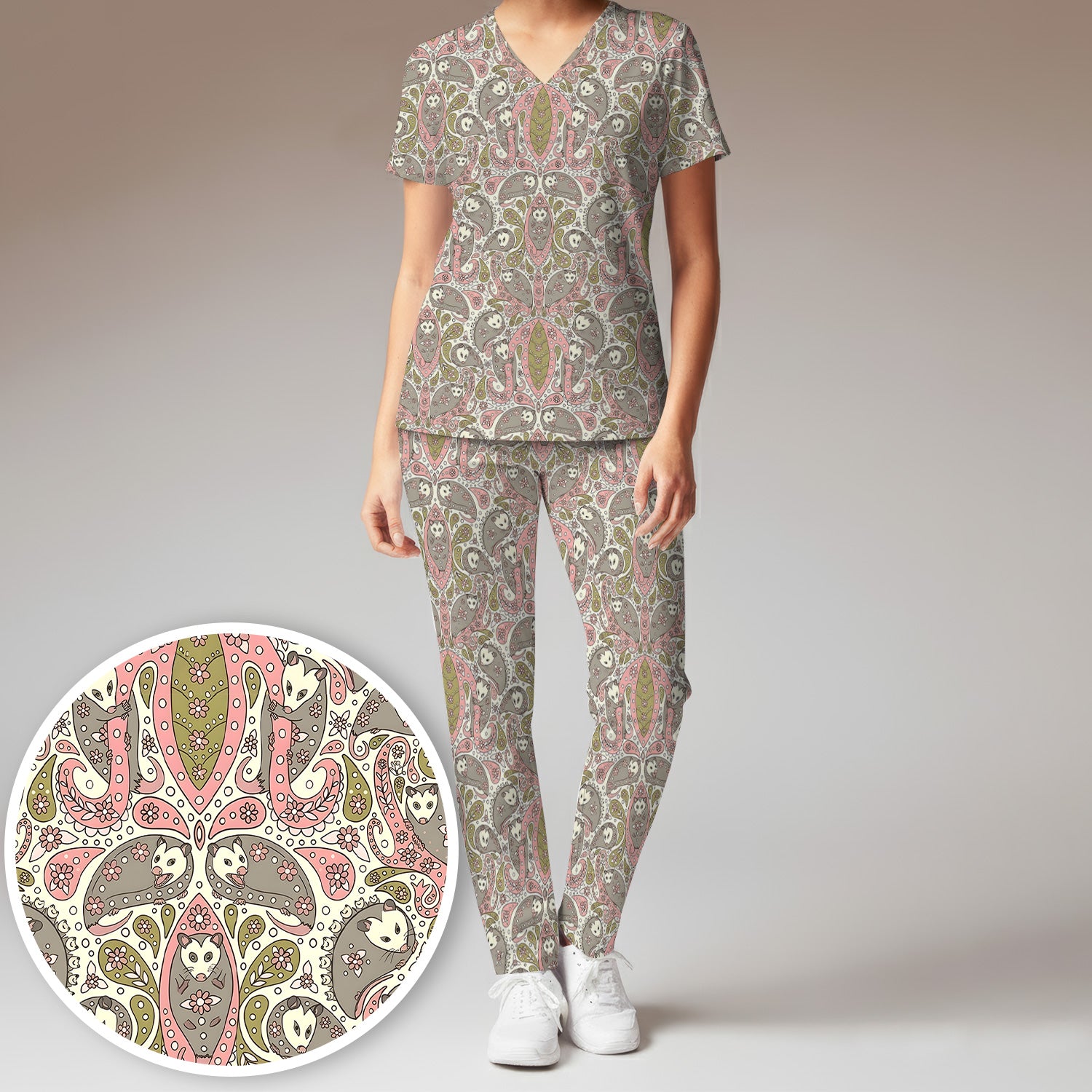 Opossum Paisley Pattern Scrub Set, Scrub Pants and V Neck Top