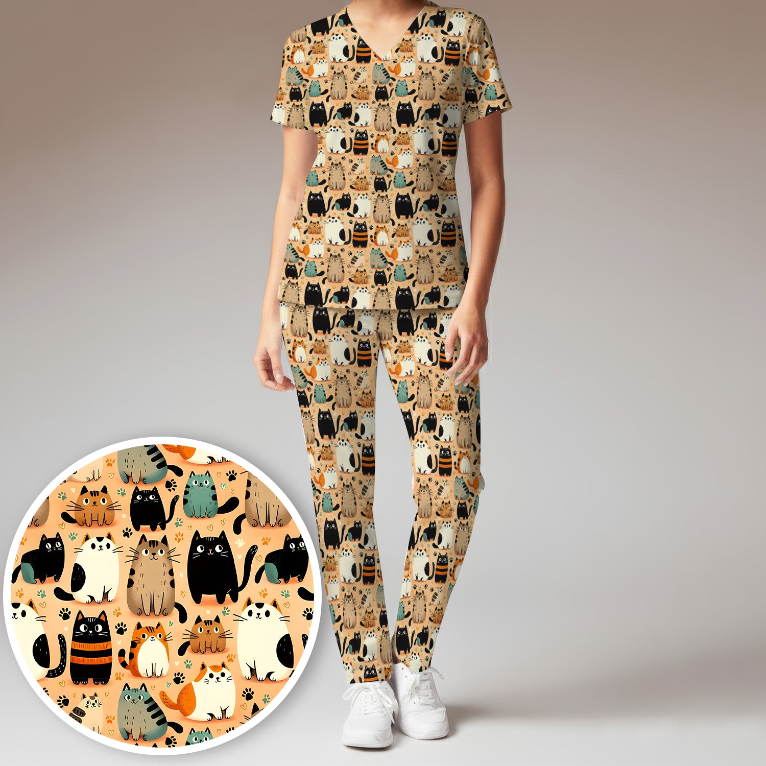 Cat Parade Doodle Pattern Scrub Set, Women's Scrub Sets