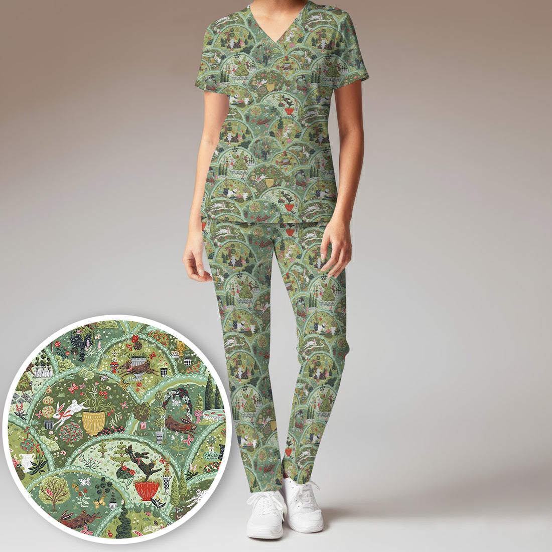 Whimsical Garden Scene Rabbit Scrub Set, Vintage Pastoral Nursing Uniform