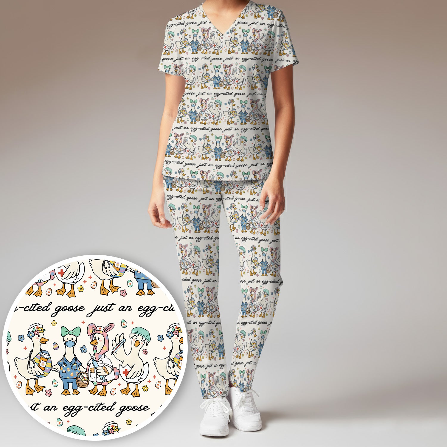 Funny Easter Nurse Goose Pattern Scrub Set, Scrub Pants and V Neck Top