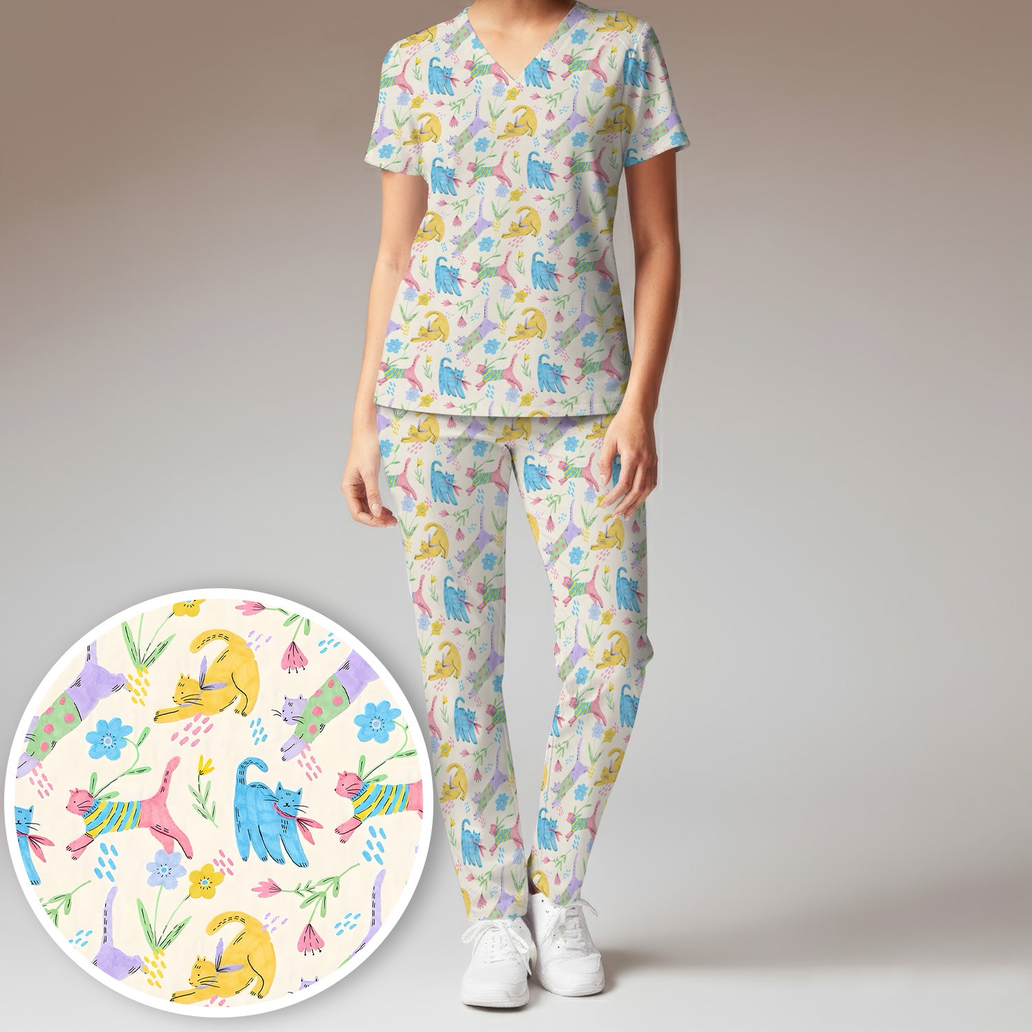 Cute Colorful Cat Floral Pattern Scrub Set, Scrub Pants and V Neck Top