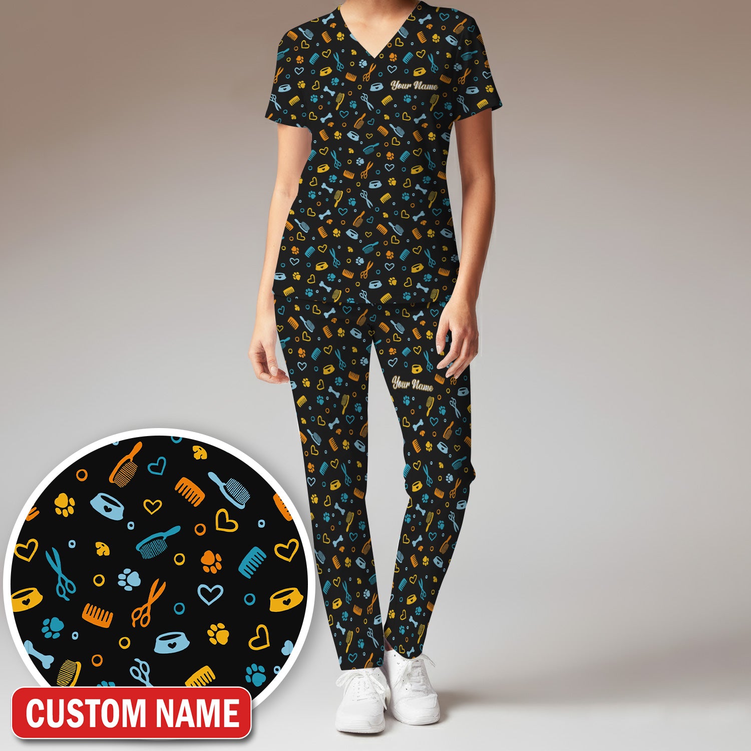 Custom Name Dog Cat Grooming Pattern Scrub Set, Scrub Pants and V Neck Top
