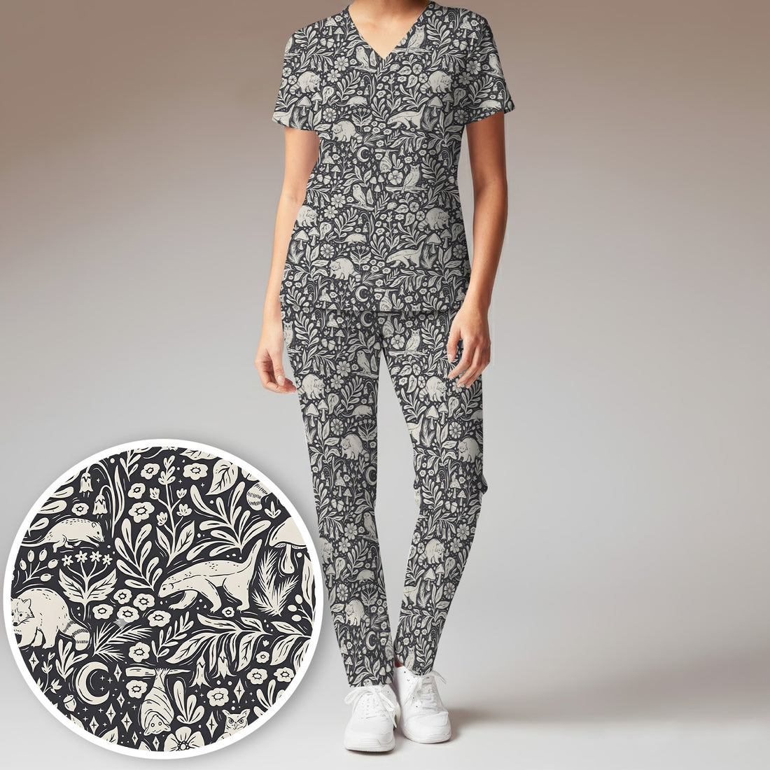 Woodland Animal Forest Pattern Scrub Set, Scrub Pants and V Neck Top