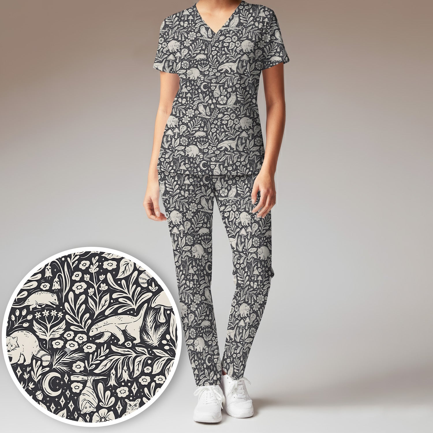Woodland Animal Forest Pattern Scrub Set, Scrub Pants and V Neck Top