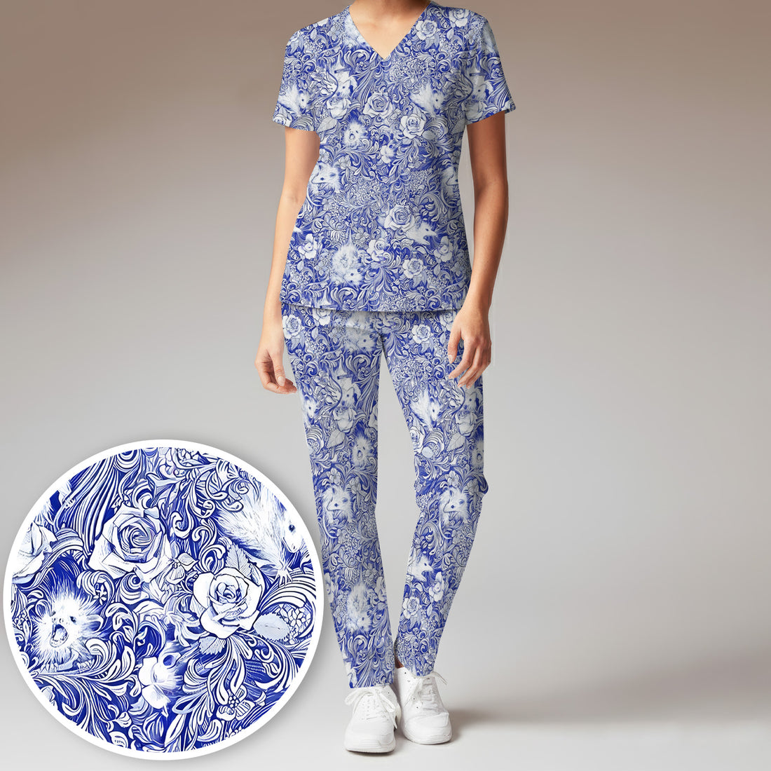 Blue Toile Porcupine Floral Pattern Scrub Set, Scrub Pants and V Neck Top