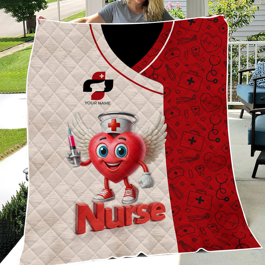 Personalized Funny Nurse Blanket with Winged Heart Cartoon - Cute Syringe Design for Healthcare Workers - Custom RN LPN CNA Gift