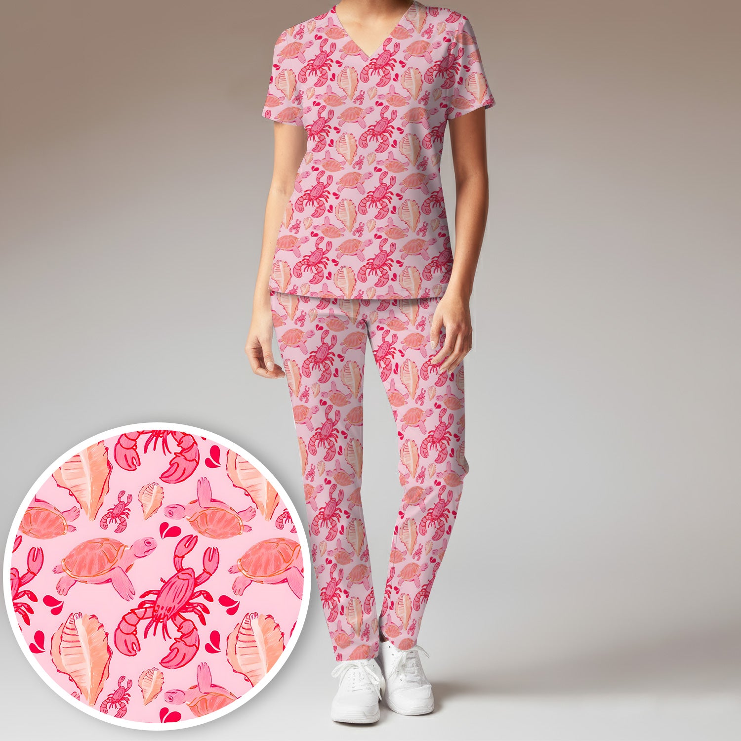 Pink Sea Turtle Lobster Shell Pattern Scrub Set, Scrub Pants and V Neck Top
