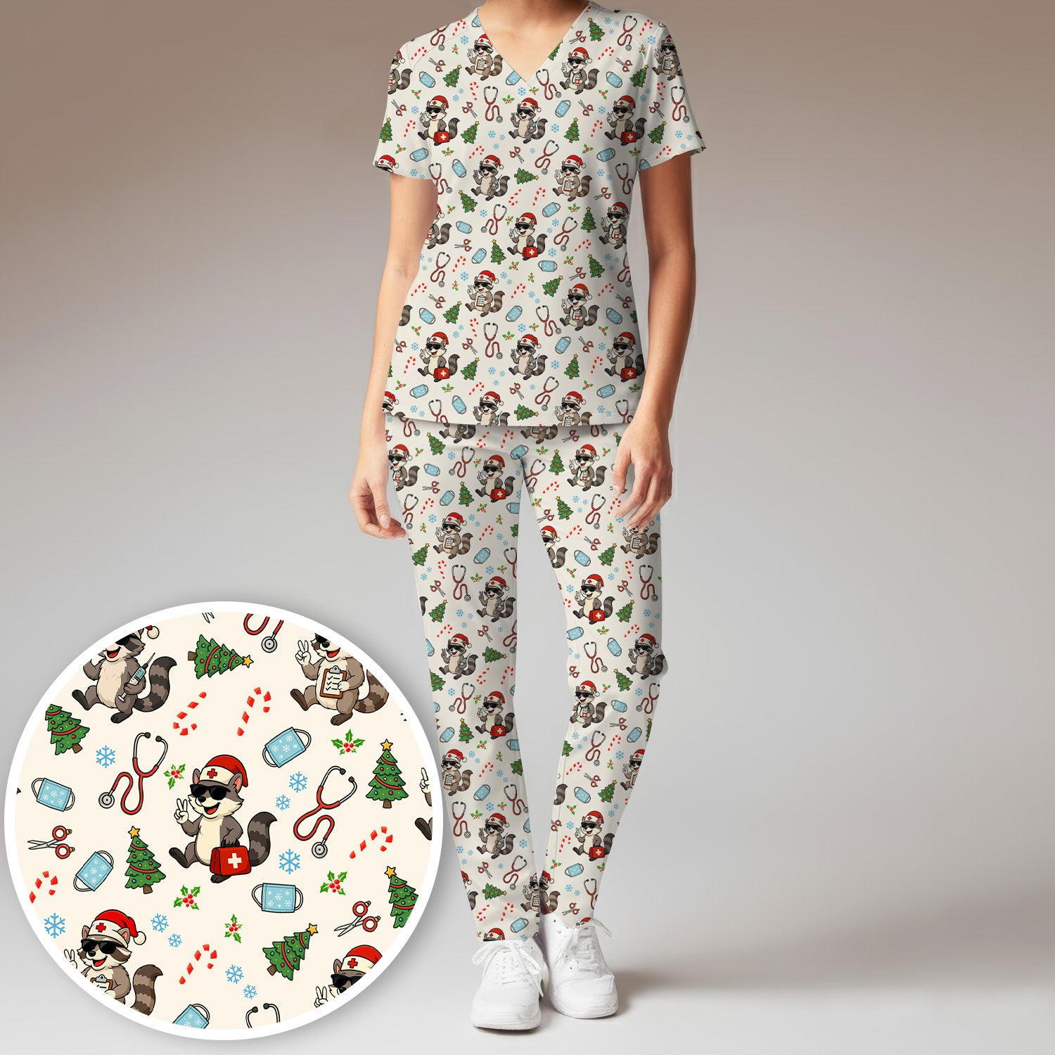 Funny Christmas Nurse Scrub Set - Raccoon Pattern with Santa Hat, Stethoscope and Tree - Cute Holiday Medical Scrubs Pants and Top Gift for RN CNA LPN
