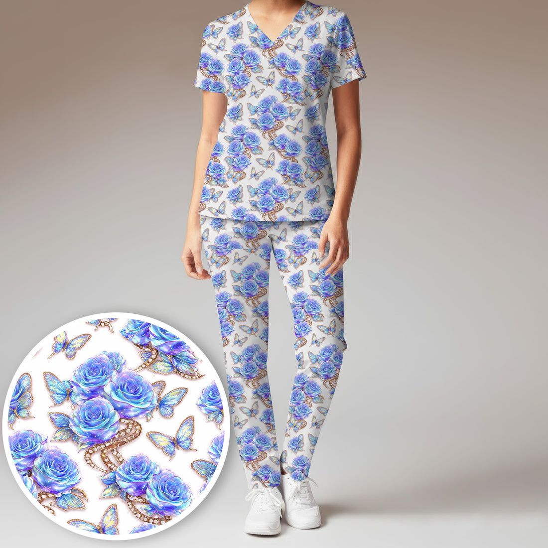 Elegant Blue Rose Floral Print Scrub Set, Scrub Pants and V Neck Top