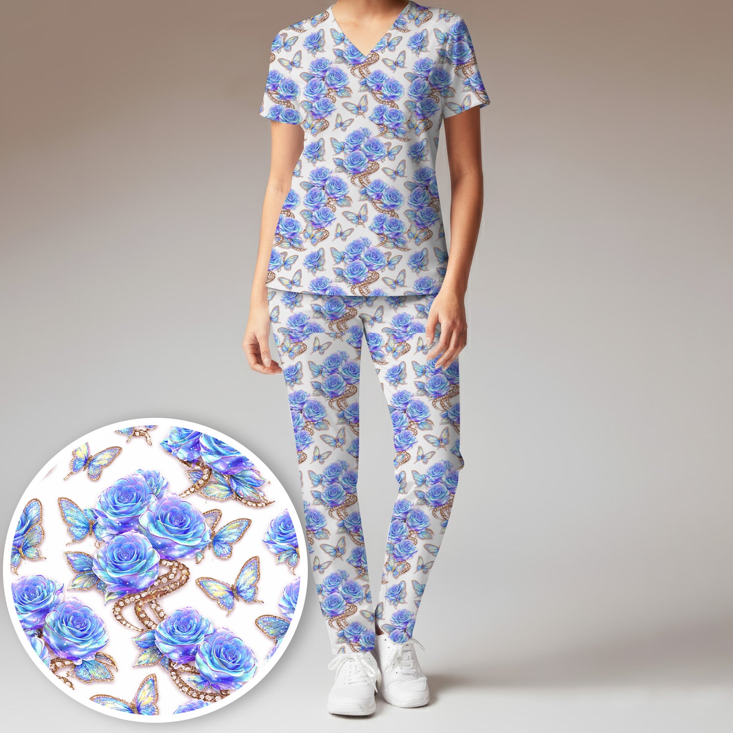 Elegant Blue Rose Floral Print Scrub Set, Scrub Pants and V Neck Top