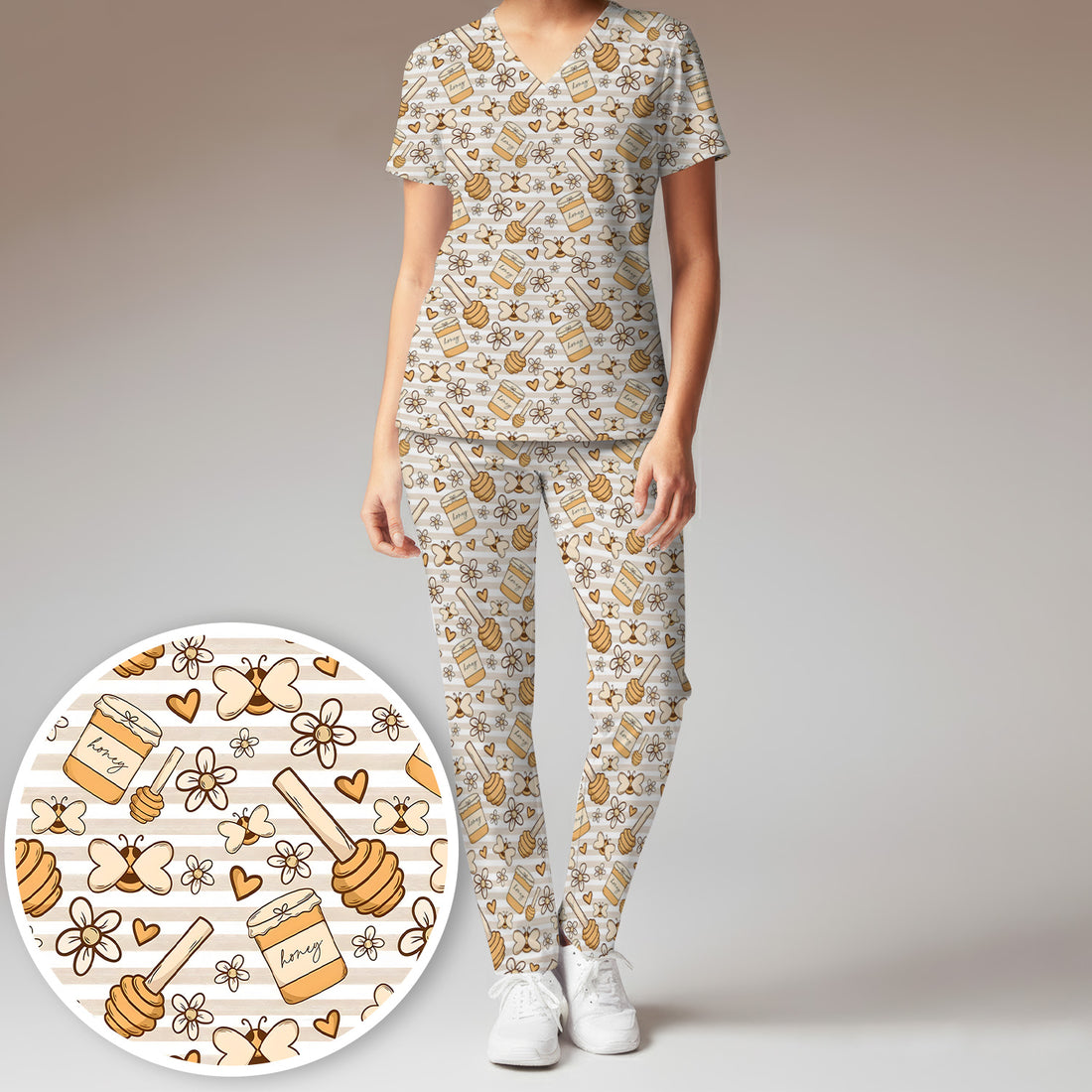 Honey Jar With Daisy Flower Pattern Scrub Set, Scrub Pants and V Neck Top