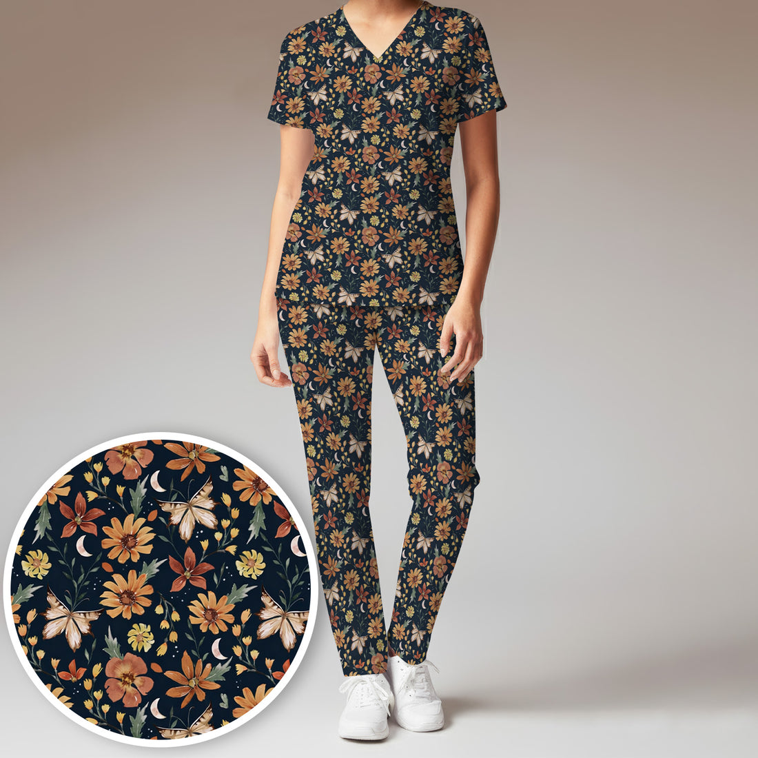 Charming Autumn Floral Butterfly Moon Pattern Scrub Set, Scrub Pants and V Neck Top