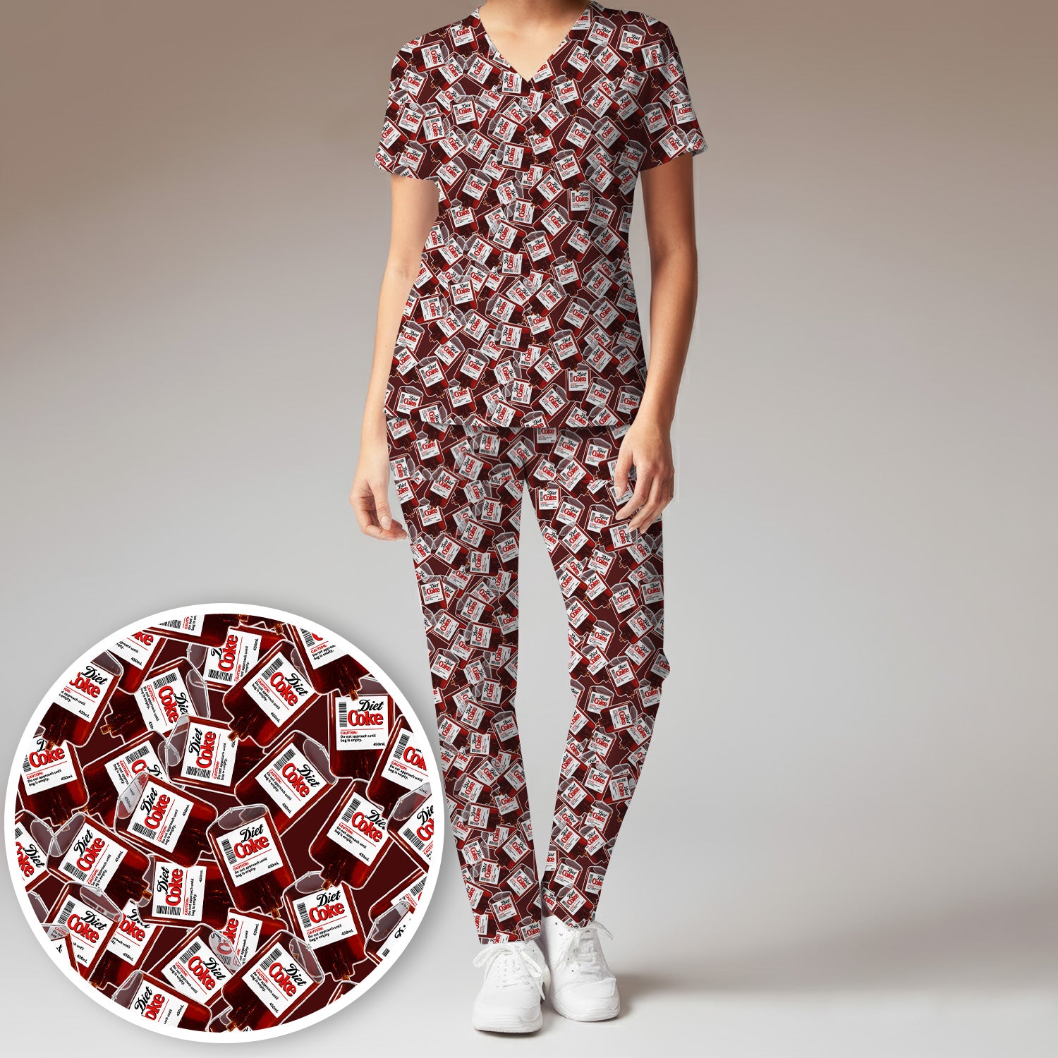 Soda Lover Scrub Set for Nurses, Retro Red Drink Print Medical Uniform Set