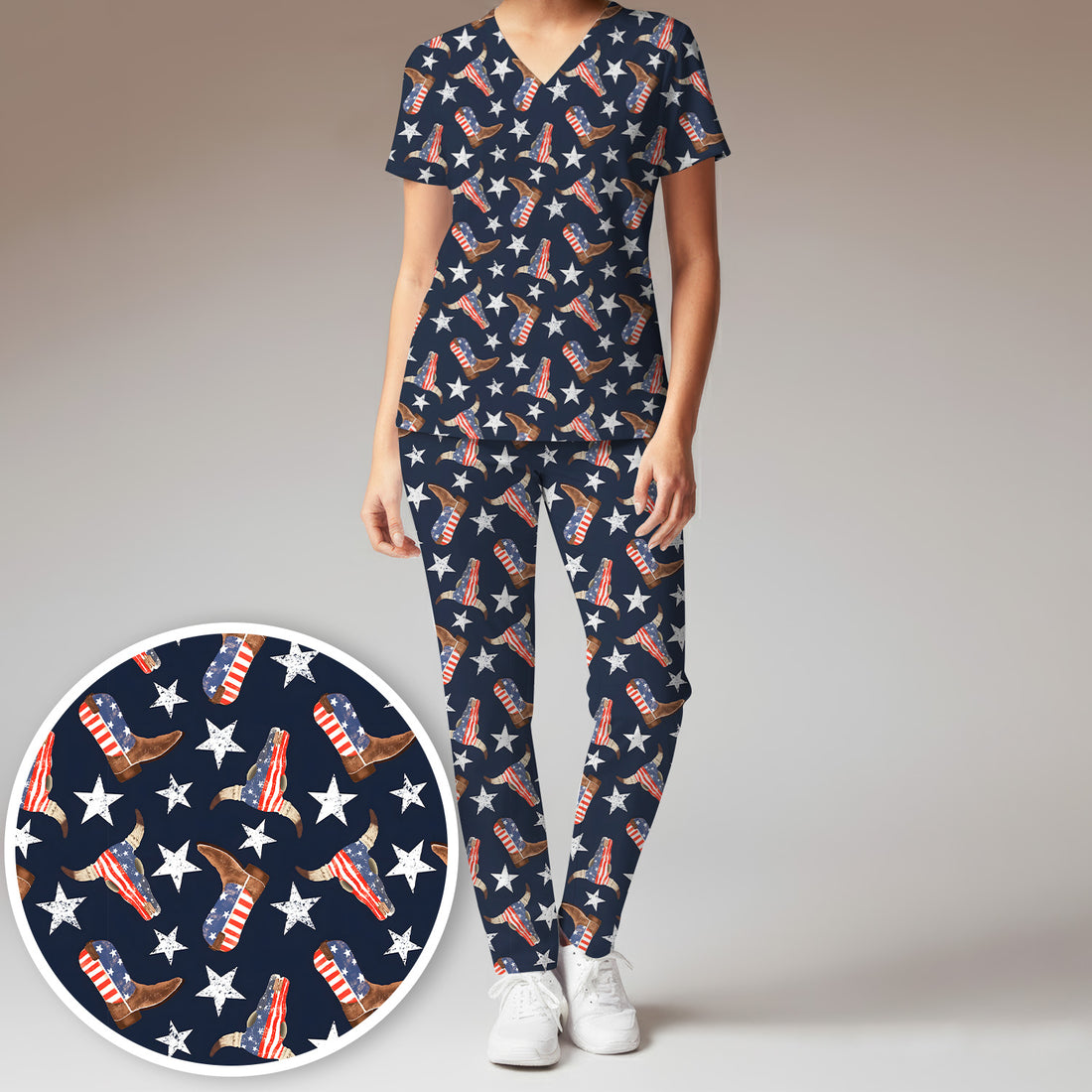 Western Boots Stars Pattern Scrub Set, Scrub Pants and V Neck Top